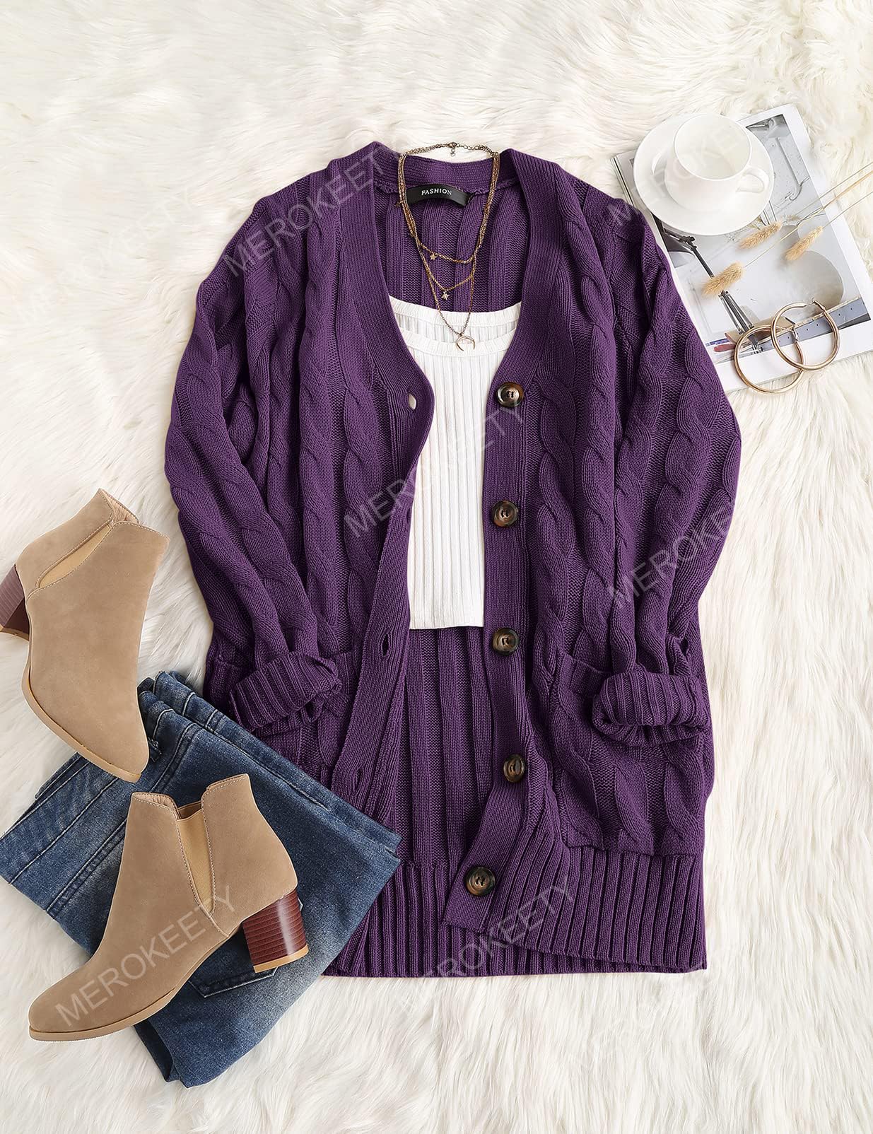 MEROKEETY Women's 2025 Fall Long Sleeve Cable Knit Sweater Cardigan - Open Front Button Loose Fit Outerwear for Casual Wear, Office & Autumn Outfits