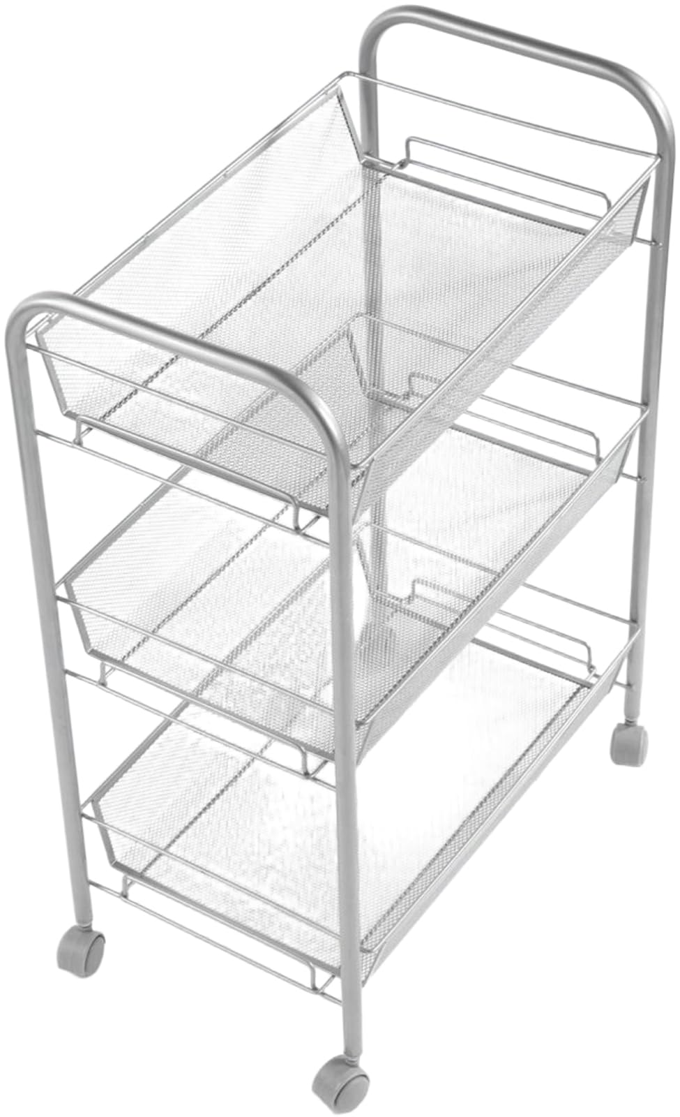 InterDesign 04920 Brio 3-Tier Rolling Storage Cart with Omni-Directional Wheels & Removable Mesh Baskets - Silver | Space-Saving Organizer for Kitchen, Bathroom, Office, or Dorm Room