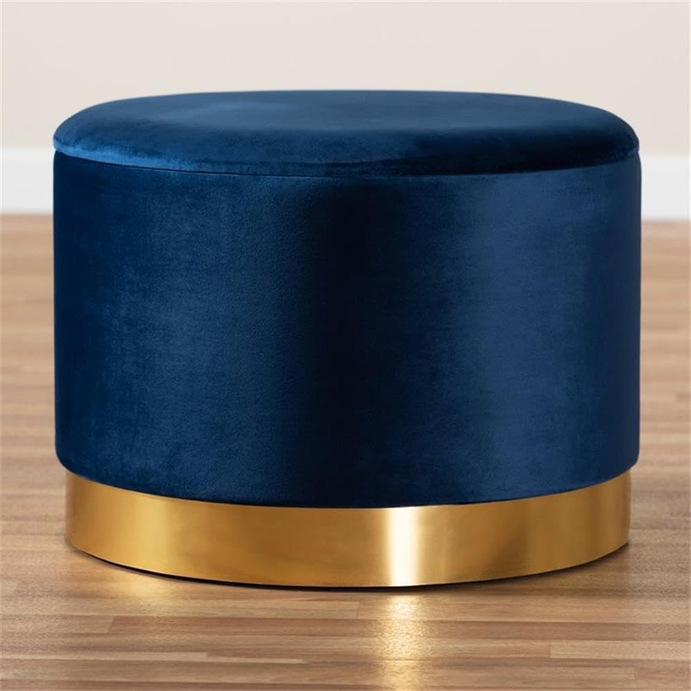 BOWERY HILL Navy Blue Velvet Upholstered Storage Ottoman with Gold Finish - Luxurious Footrest, Coffee Table & Extra Seating for Living Room, Bedroom or Office