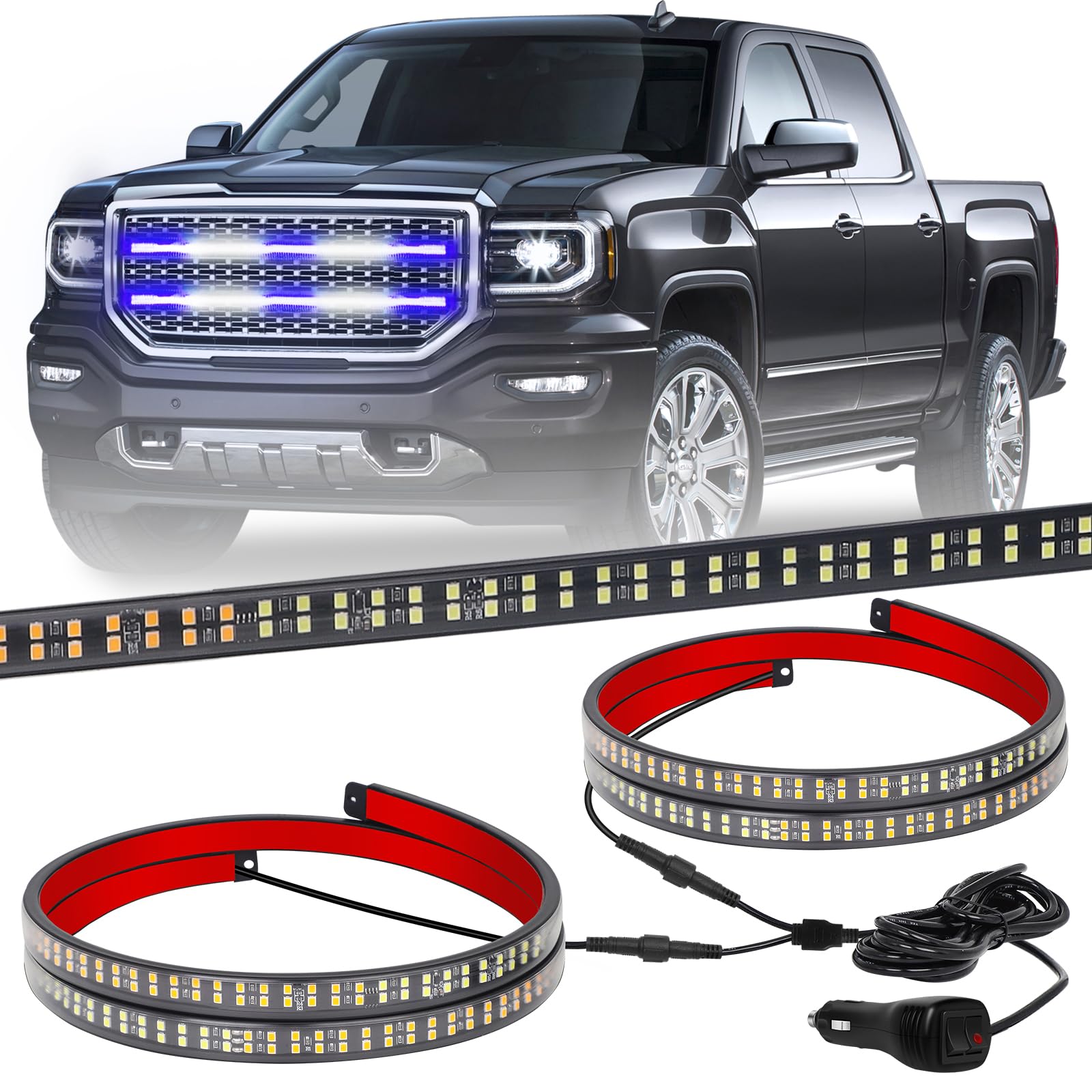 XRIDONSEN 2PCS 30-Inch Blue White LED Emergency Grill Lights - 360° Strobe Warning Safety Lights for Trucks, Police & Firefighter Vehicles - Perfect for Tailgate, Rear Window & Grille Installation - Enhance Visibility for First Responders & Emergency Scenes
