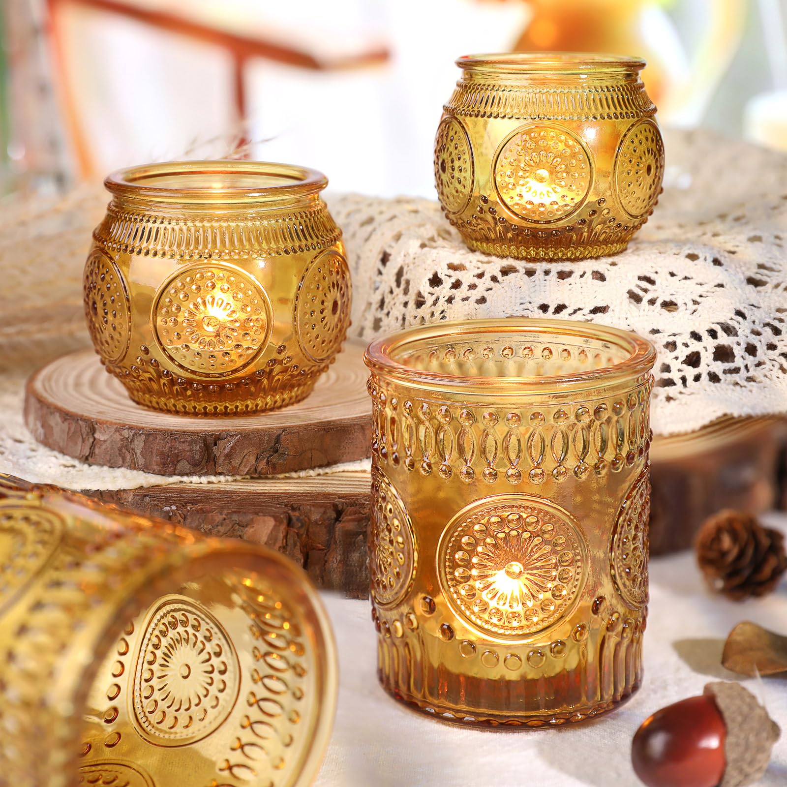36 Pcs Amber Glass Candle Holders Bulk - Assorted Tea Light & Votive Holders for Fall, Thanksgiving, Christmas Decor | Party Table Centerpieces, Wedding, Home Decorations