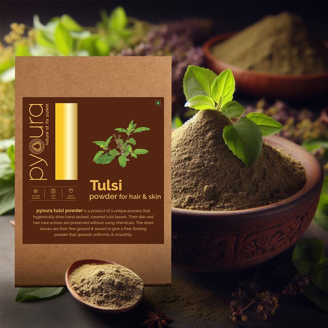 PYOURA Pure Tulsi Powder - 100% Natural Organic Holy Basil Powder for Skin Care | Chemical-Free, Hygienically Dried | Face Pack for Youthful & Clear Skin | 2-Pack (100g Each) | Perfect for DIY Face Masks, Ayurvedic Remedies & Holistic Wellness