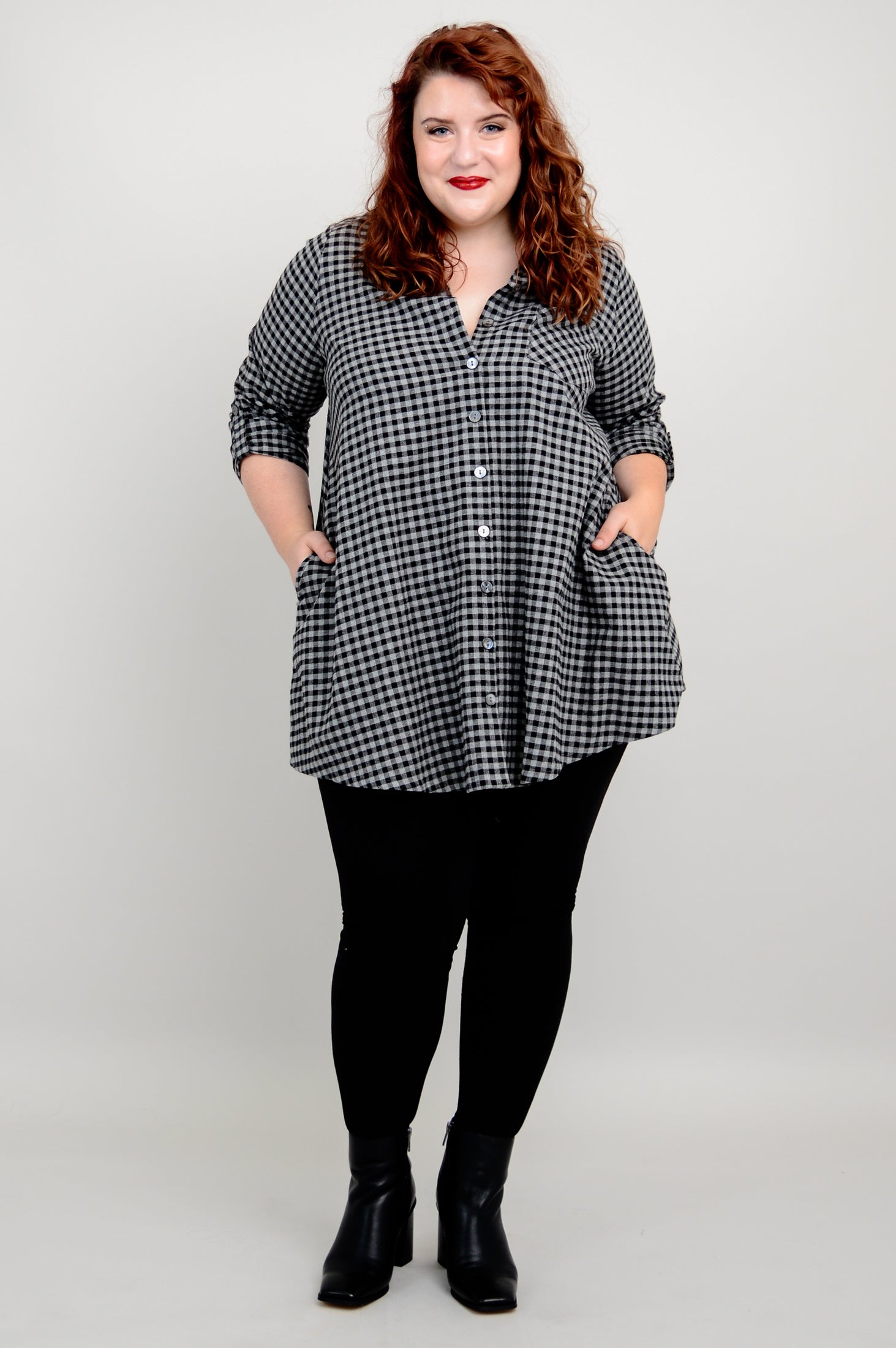 Celine Tunic Top - Charcoal Gingham Cotton Flannel Shirt for Women | Casual Wear, Office Outfit & Fall Layering Essential