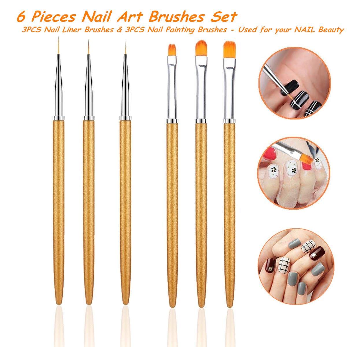 6PCS Professional Nail Art Liner Brushes Set - Acrylic UV Gel Glitter Drawing & Painting Brushes with Nylon Hair for Carving Flowers - Golden Color (7/9/11mm & 6/8/10mm) - Perfect for Salon, Home Manicure & Nail Art Design