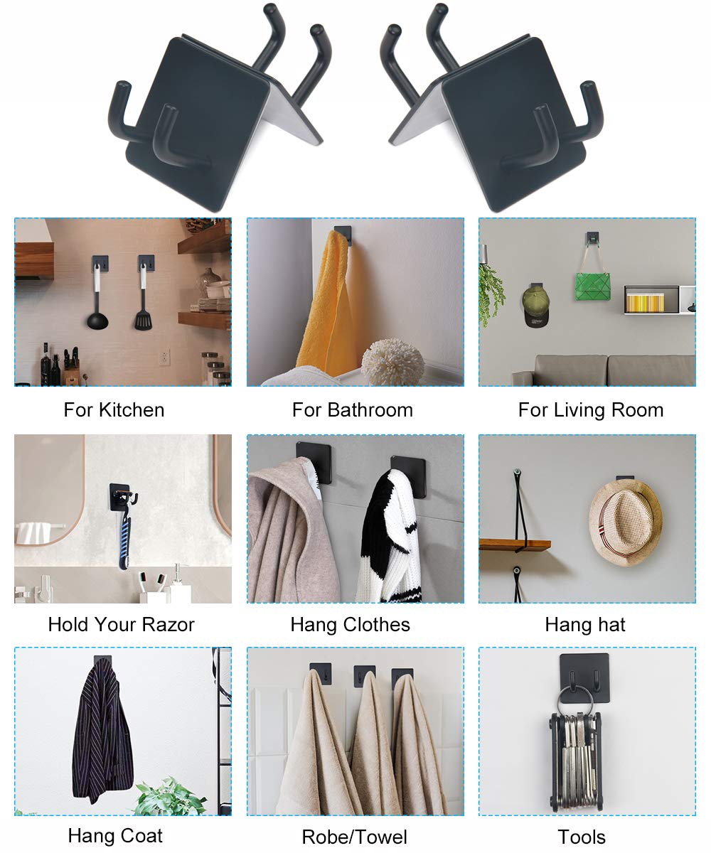 Adhesive Shower Hooks 4 Pack - Strong Wall Hooks for Hanging Towels, Keys & Hats - Waterproof Bathroom Hooks for Shower, Kitchen & Dorm Organization - Black Sticky Hooks
