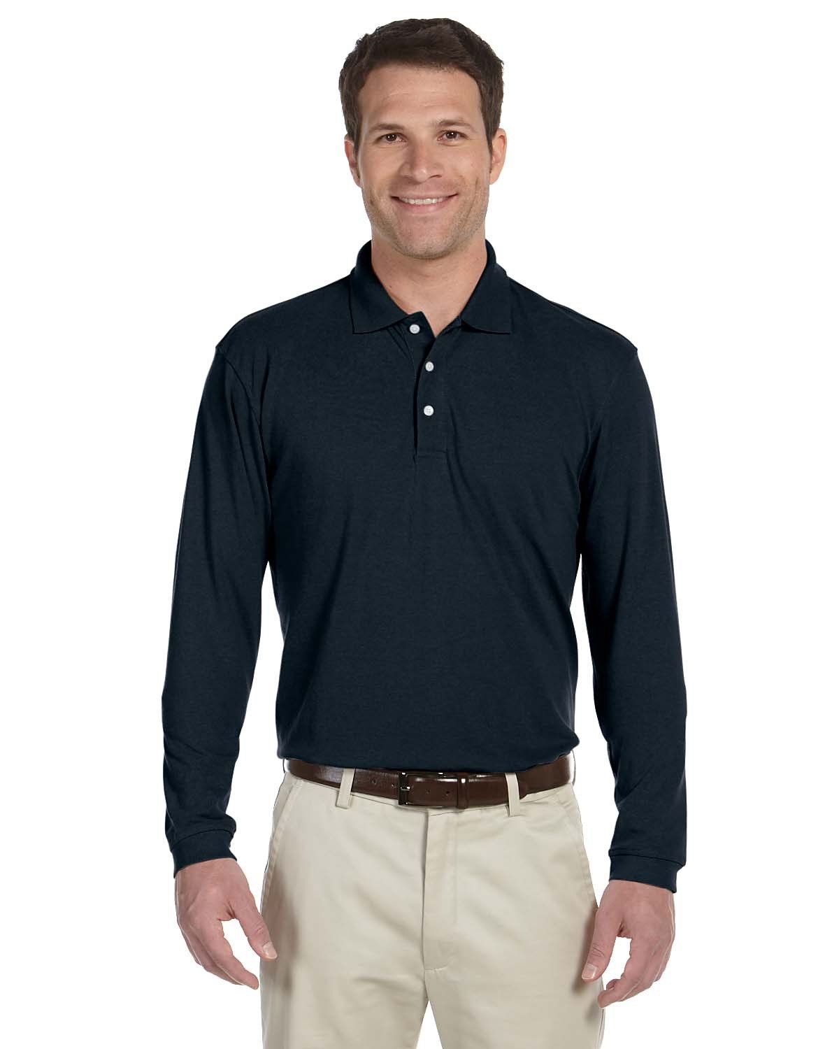 5.6 oz. Easy Blend Long-Sleeve Polo Shirt for Men - Comfortable Stretch Fabric, Navy Blue, Small Size - Perfect for Work, Golf & Casual Wear