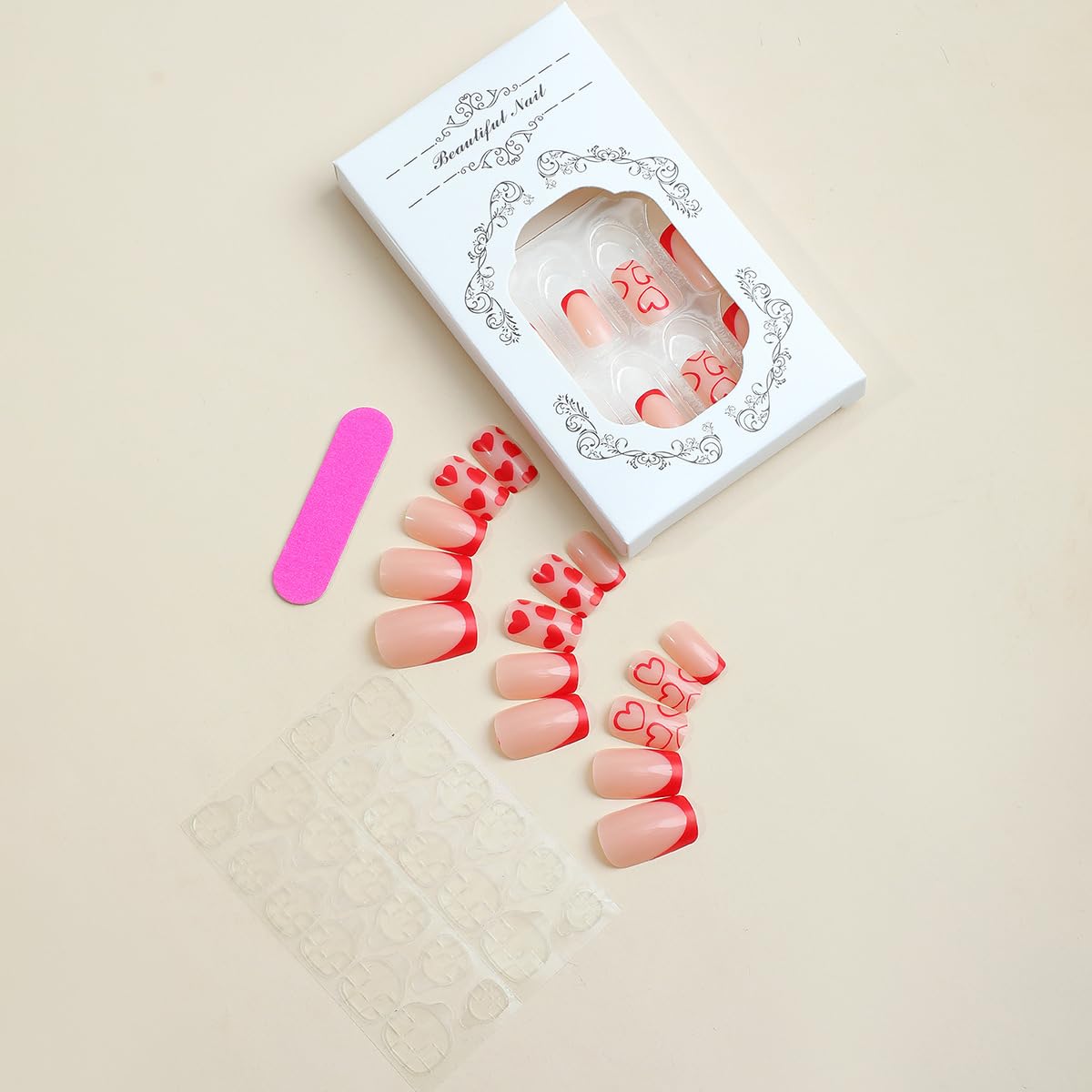 Valentine's Day Press on Nails - Medium Square Red French Tip with Heart Designs | Glue on Fake Nails | Perfect for Date Night, Parties & Romantic Occasions | Nail Accessories for Women & Girls
