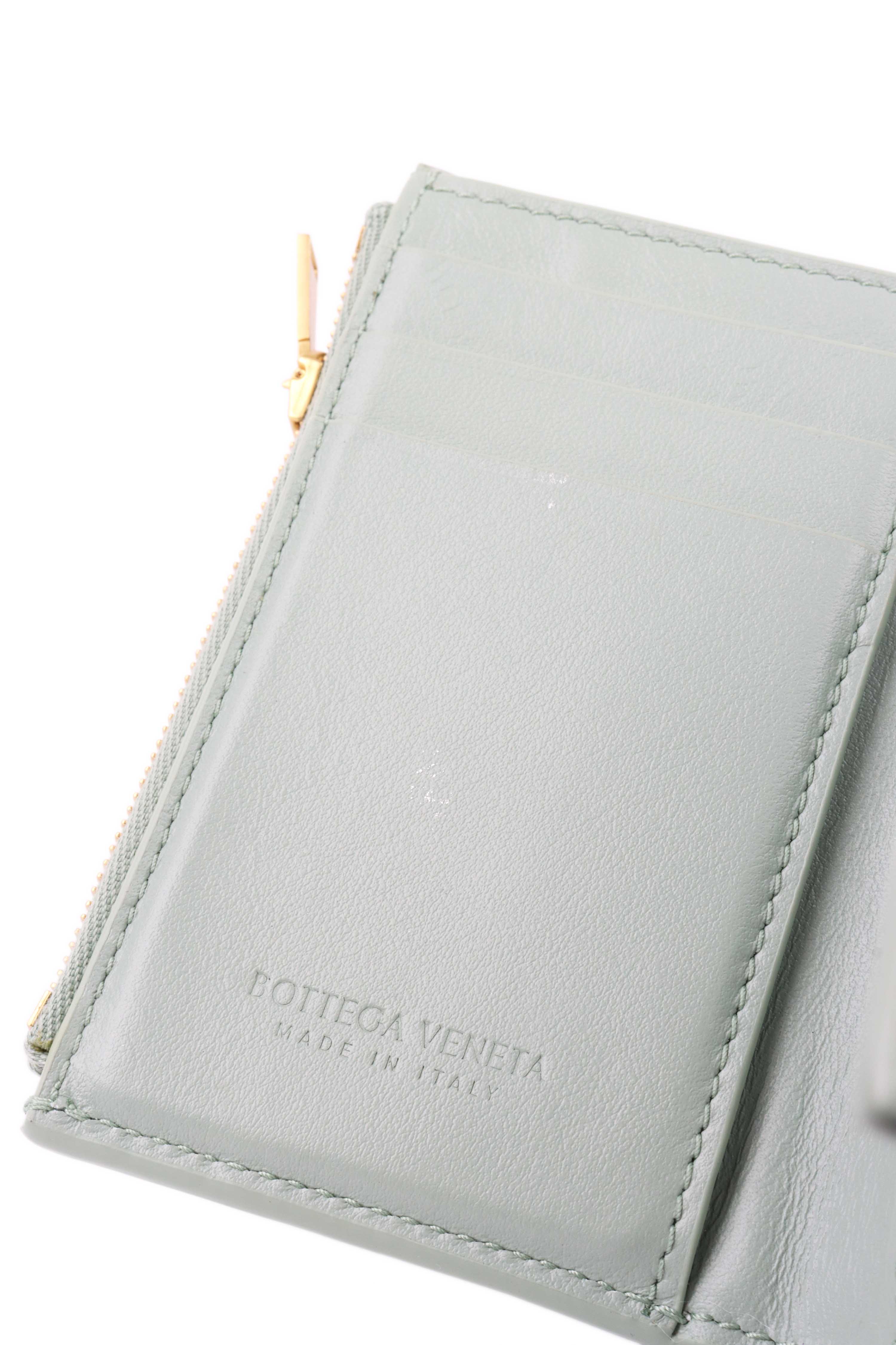 Bottega Veneta Seafoam Green Cassette Tri-Fold Zip Wallet - Luxury Leather Wallet for Men & Women - Perfect for Travel, Business & Everyday Use
