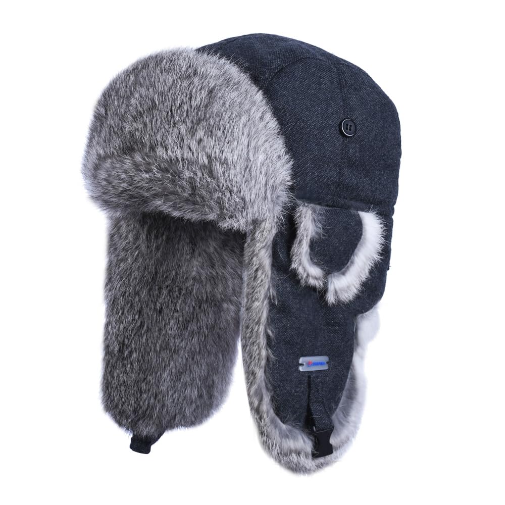 100% Real Rabbit Fur Russian Ushanka Winter Hat - Warm Aviator Trapper Hat with Ear Flaps for Hunting, Skiing & Outdoor Activities | Cozy Winter Accessory for Men & Women