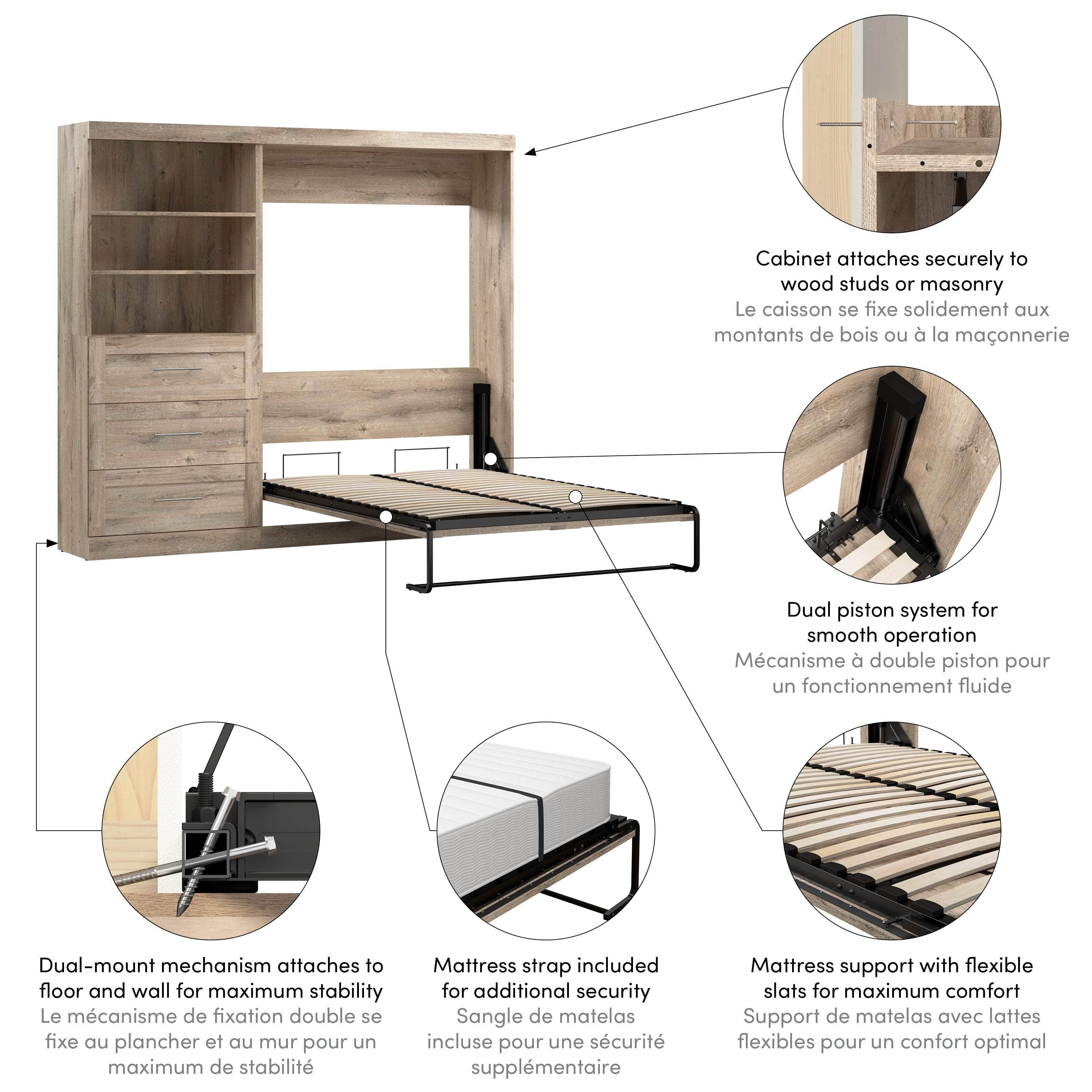Pur Full Murphy Wall Bed with Storage Drawers - Space-Saving Foldable Bed for Small Apartments & Guest Rooms (95W, 3 Color Options)