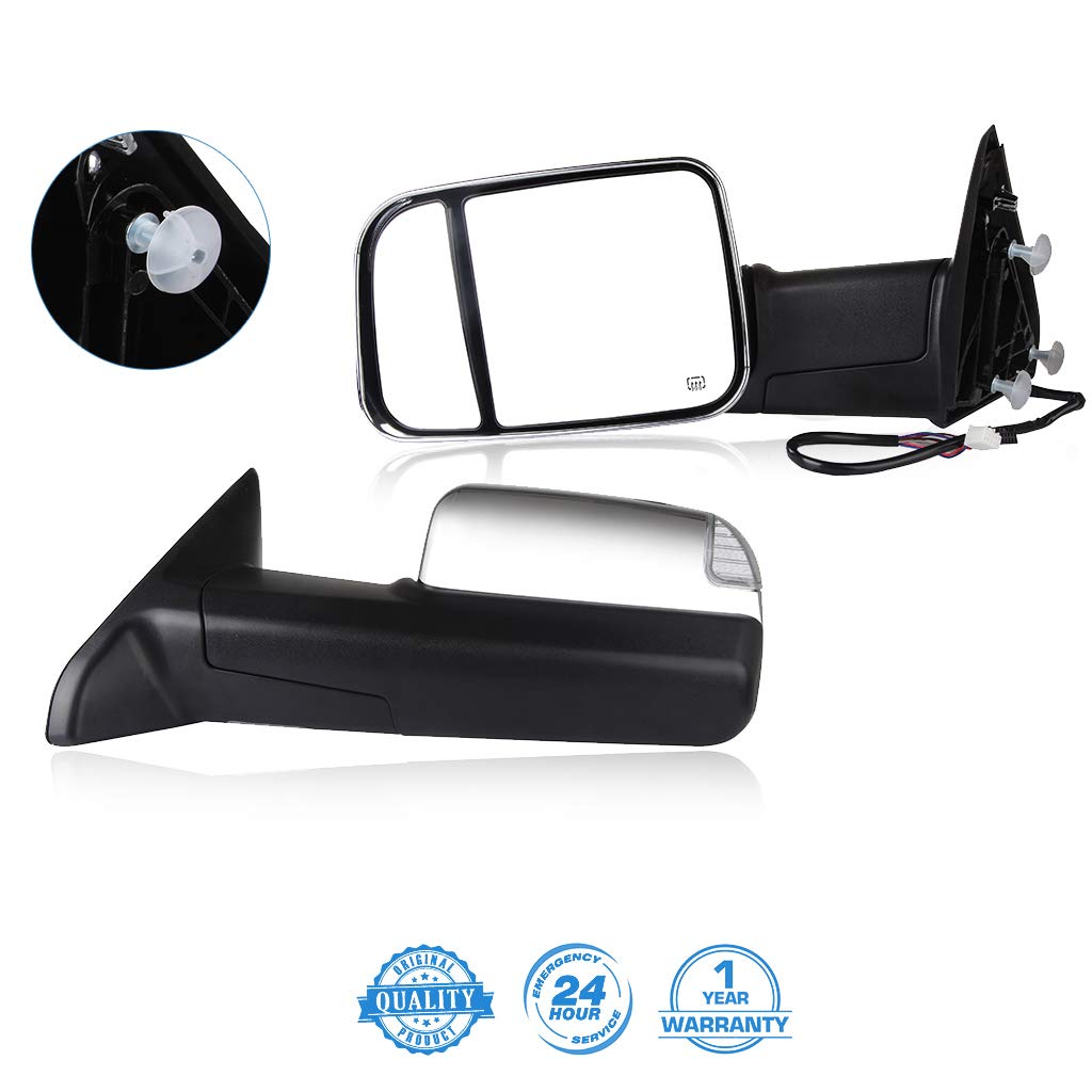CCiyu Chrome Power-Adjusted Heated Towing Mirrors with Turn Signal & Puddle Light - Compatible with 2011-2016 Dodge Ram 1500/2500/3500 (LH Left & RH Right) - Perfect for Towing, Night Driving & Enhanced Visibility