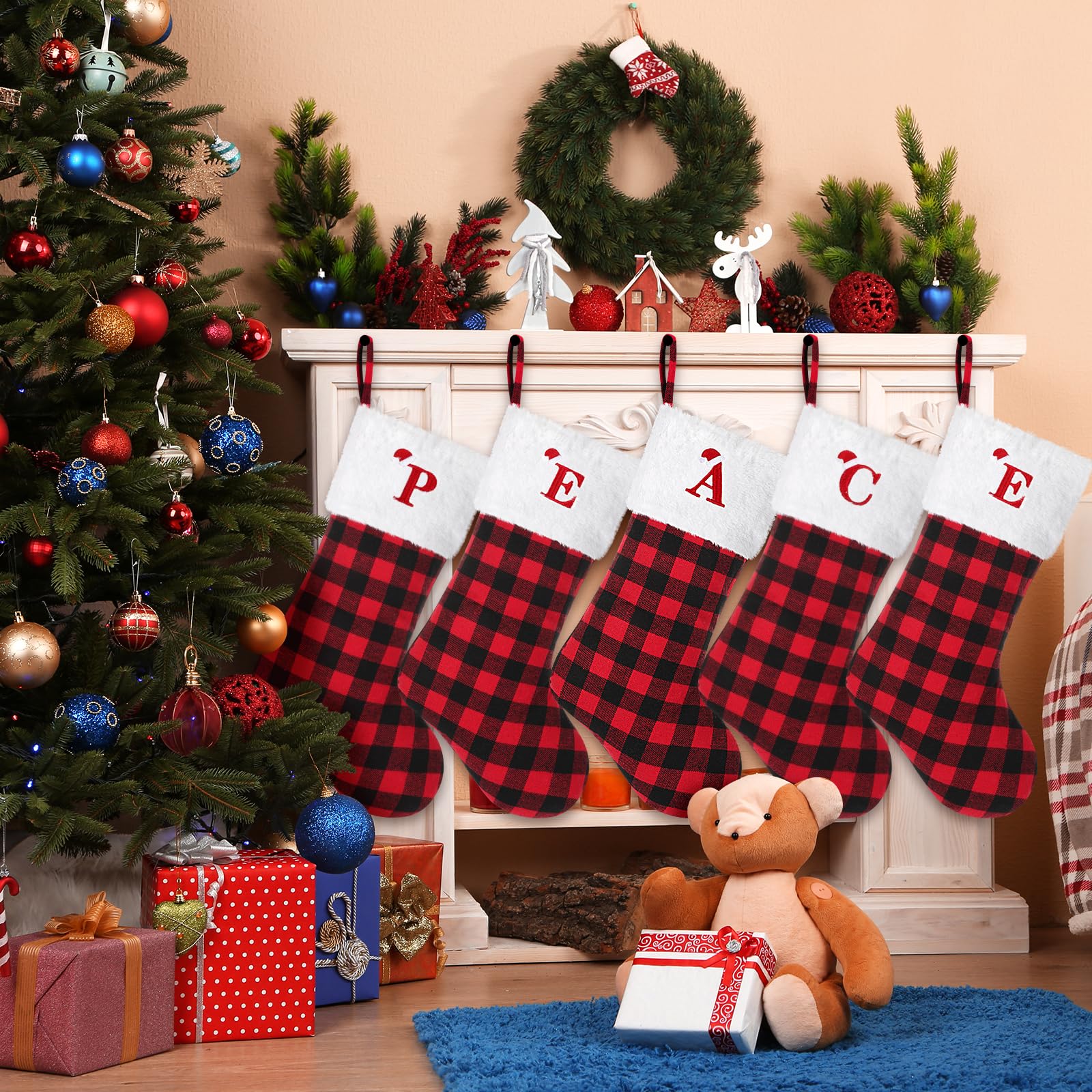 20 Inch Large Personalized Monogram Christmas Stocking - Red & Black Buffalo Plaid with Embroidered Initial Letter (K) | Holiday Fireplace Decor for Xmas, Family Gatherings and Festive Home Decoration