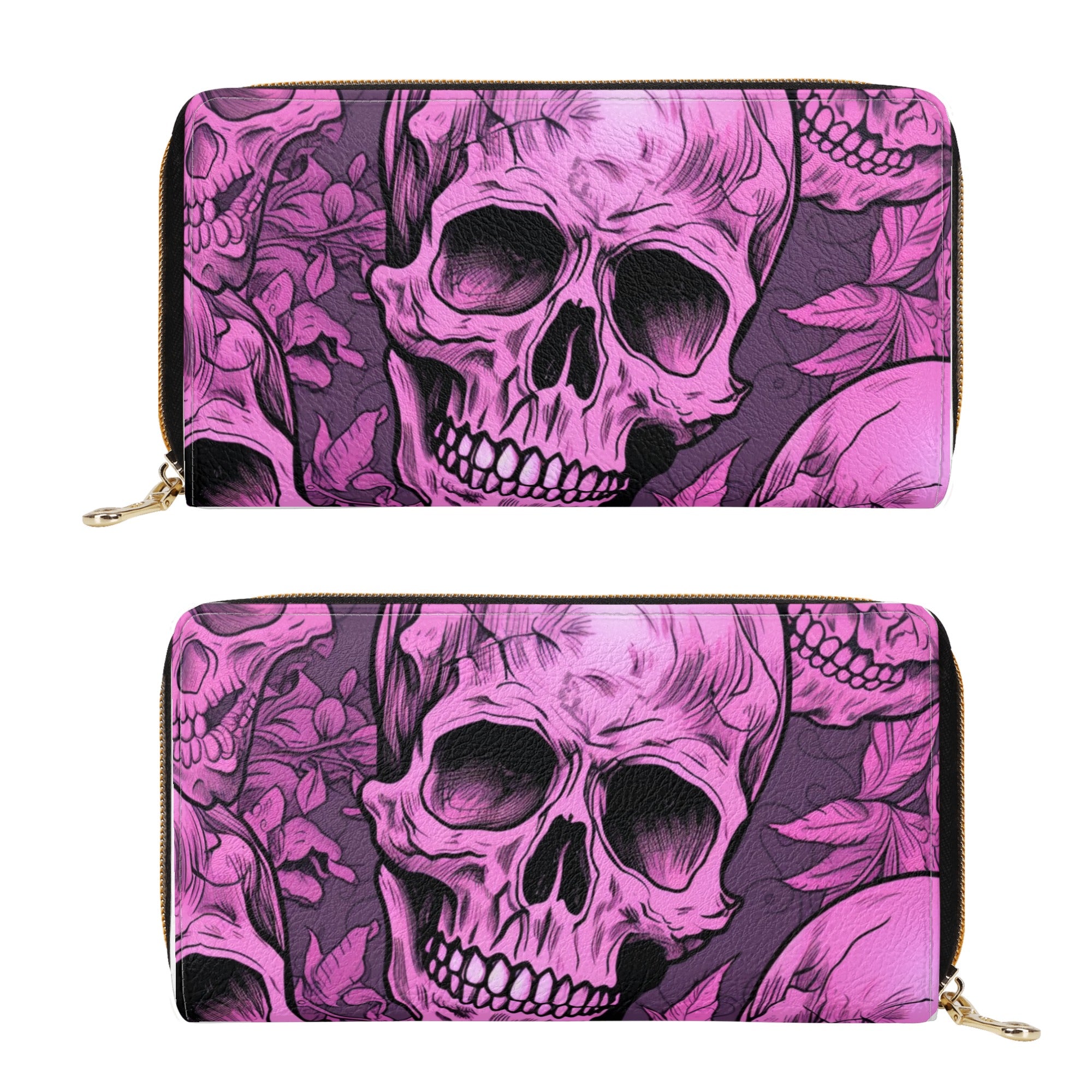 Gothic Pink Skull Leather Zipper Wallet for Women - Stylish Crossbody Clutch Purse for Parties, Concerts & Everyday Use
