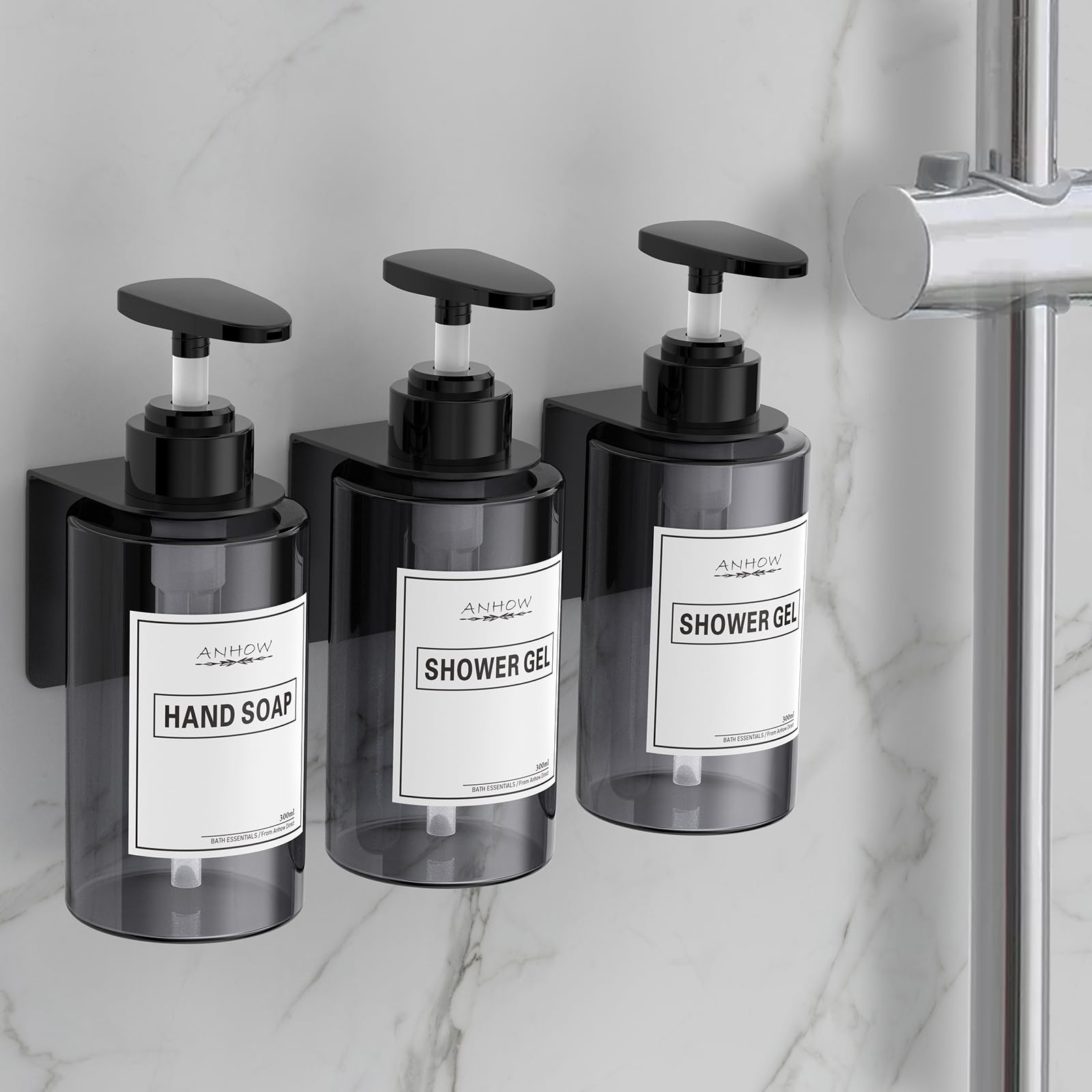 Anhow 4-Pack 300ml Wall-Mounted Liquid Soap Dispenser for Bathroom, Shower & Kitchen - Gray - Perfect for Hand Soap, Shampoo, Conditioner & Body Wash