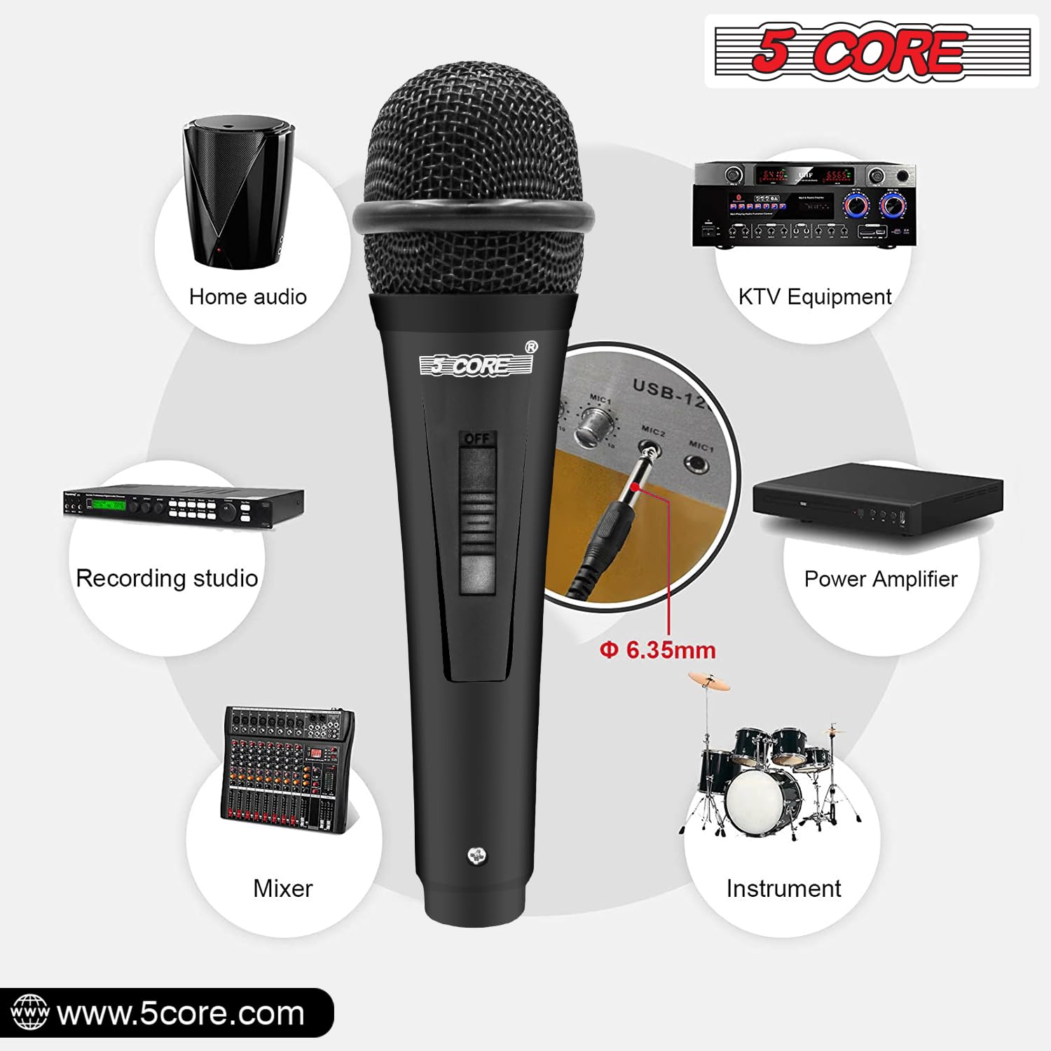 **5 Core Dynamic Vocal Microphone with Cardioid Unidirectional Pickup, On/Off Switch & XLR Cable - Professional Handheld Mic for Singing, Karaoke, Live Performances & Studio Recording (Model PM 816)**