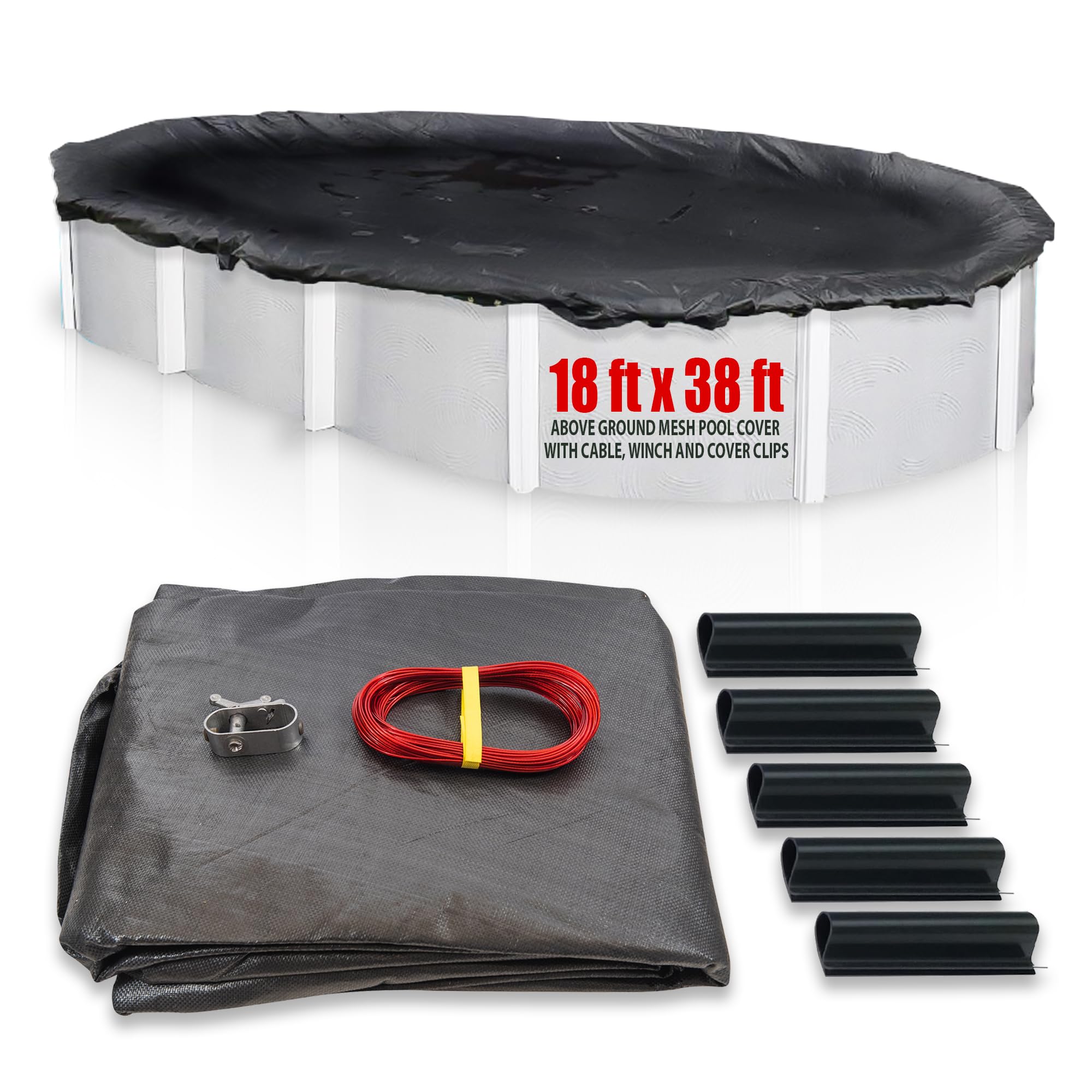 SET SunSolar Energy Technologies - 18x38 Foot Oval Above Ground Winter Pool Cover with Sturdy Cable & Winch - Heavy Duty Mesh Swimming Pool Cover for Winter Protection - Includes Cover Clips - 8 Year Warranty - Ideal for Cold Weather Pool Maintenance and Snow Load Protection