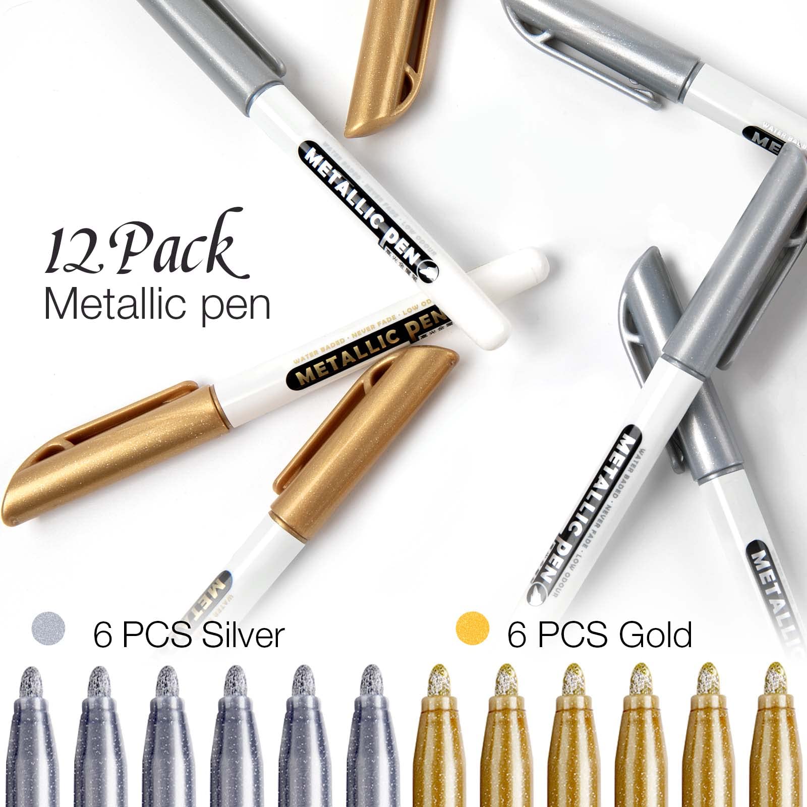 JR.WHITE Metallic Markers Pens Set of 12 - Silver & Gold Paint Pens for Black Paper, Rock Painting, Card Making, DIY Crafts - Perfect for Scrapbooking, Photo Albums, Wood Decor & Halloween Pumpkin Designs
