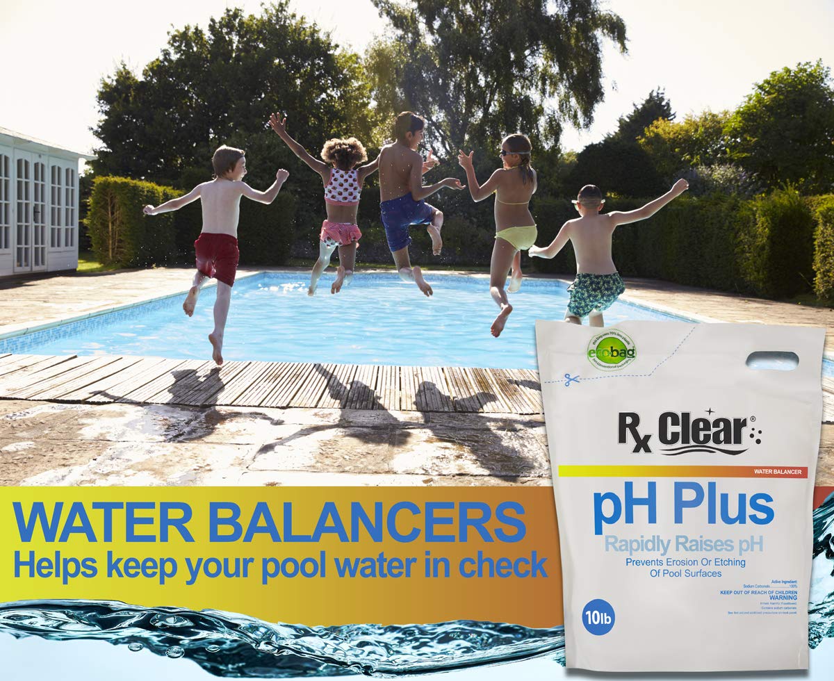 Rx Clear Swimming Pool pH Plus | Rapid pH Level Balancer | Quickly Corrects Acidic Water | Prevents Pool Surface Erosion & Etching | 10 lb | Ideal for Inground & Above Ground Pools