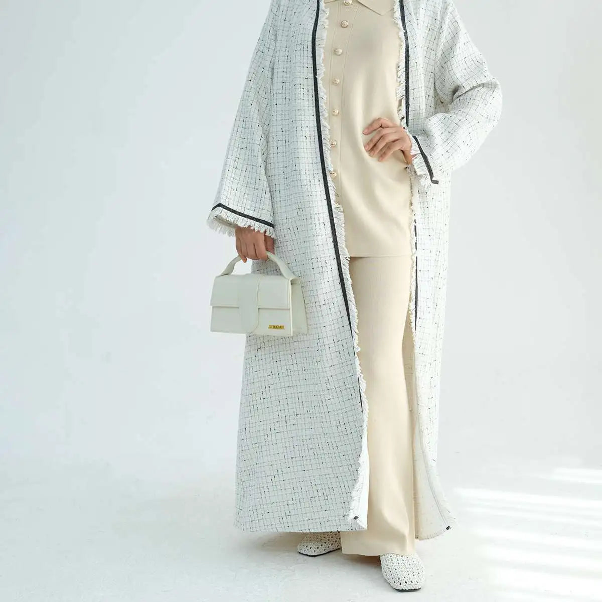 Winter Fall Thick Tassel Tweed Cardigan Open Abaya Coat - Women's Fashion Outerwear for Cold Weather, Layering & Modest Style