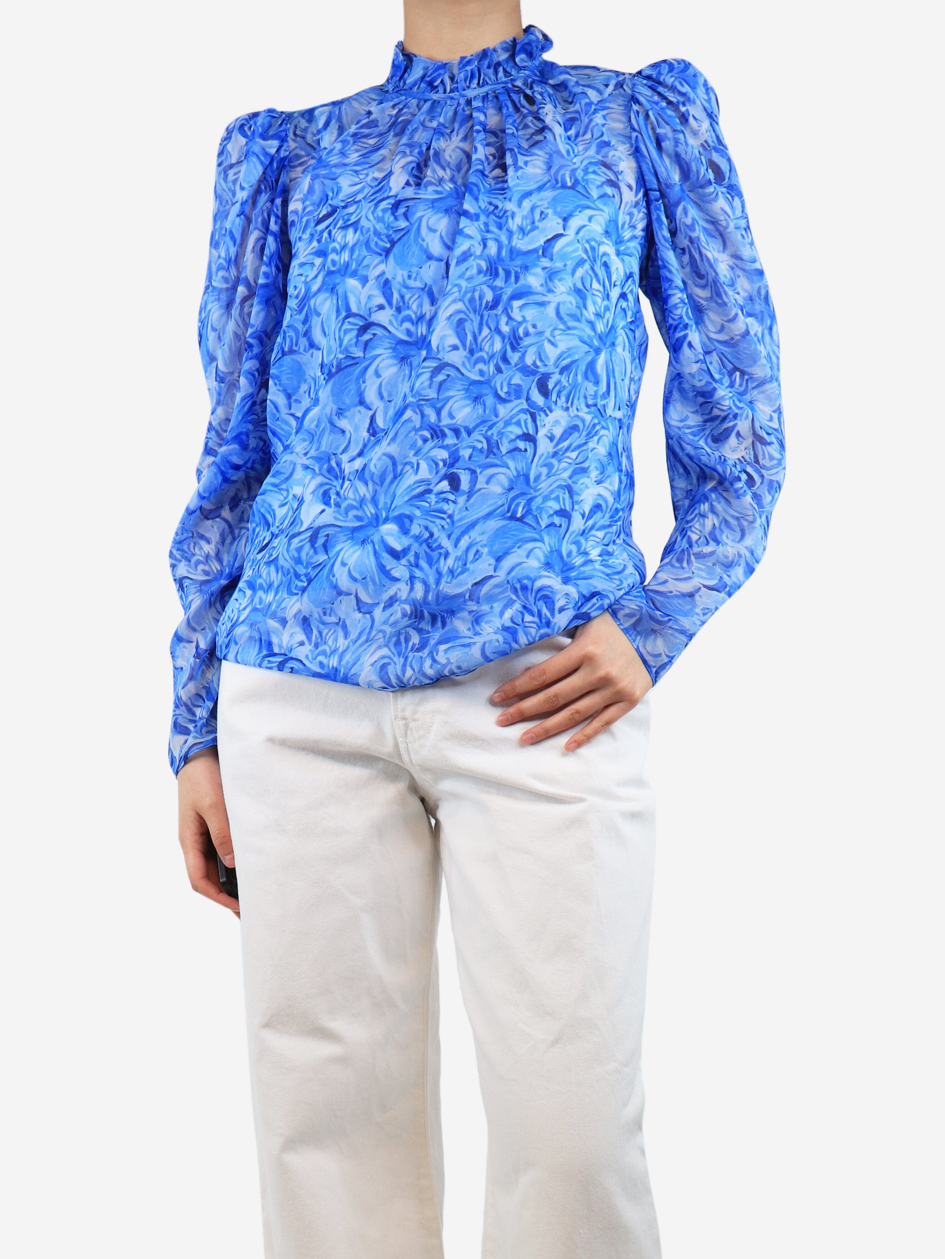 Blue Floral Silk Blouse Women's Size UK 8 | Elegant Summer Top for Office, Party & Date Night Outfits