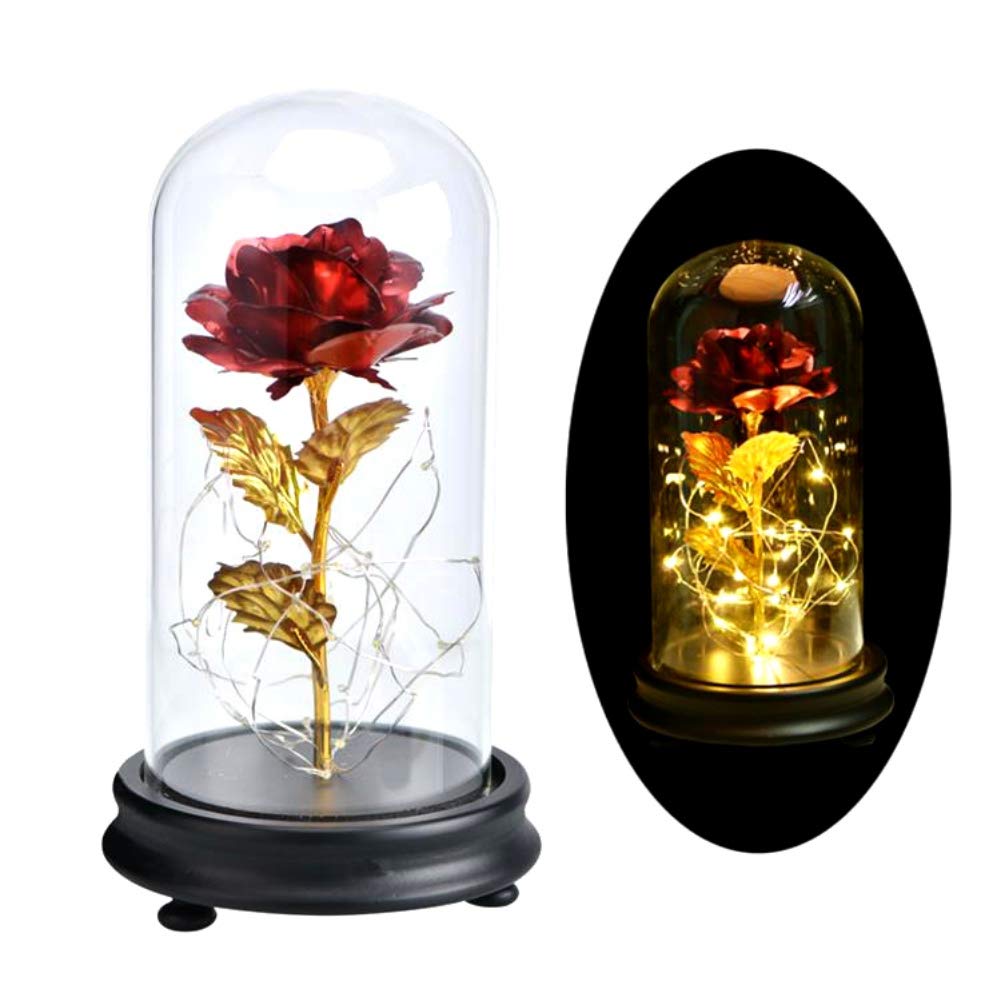 24K Gold Rose Galaxy Flower in Glass Dome with LED Light - Romantic Gift for Wedding, Valentine's Day, Mother's Day, Christmas | Perfect for Anniversary, Birthday & Home Decor
