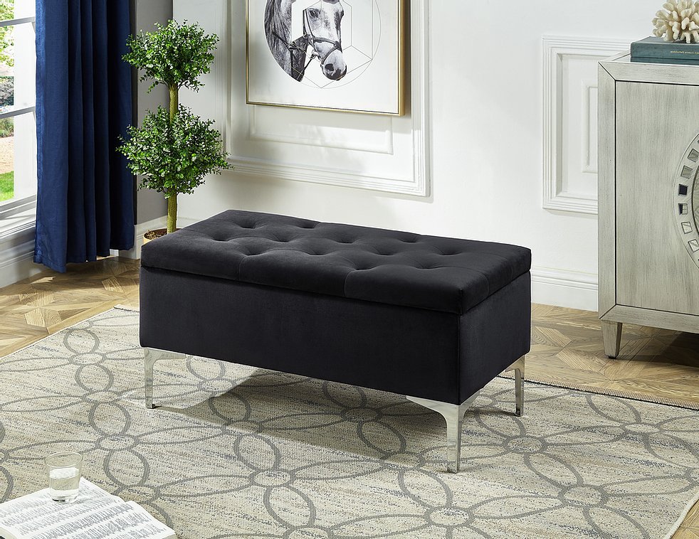 Black Velvet Storage Bench with Deep Tufting - Upholstered Ottoman for Entryway, Bedroom & Living Room - Stylish Seat with Hidden Storage Compartment