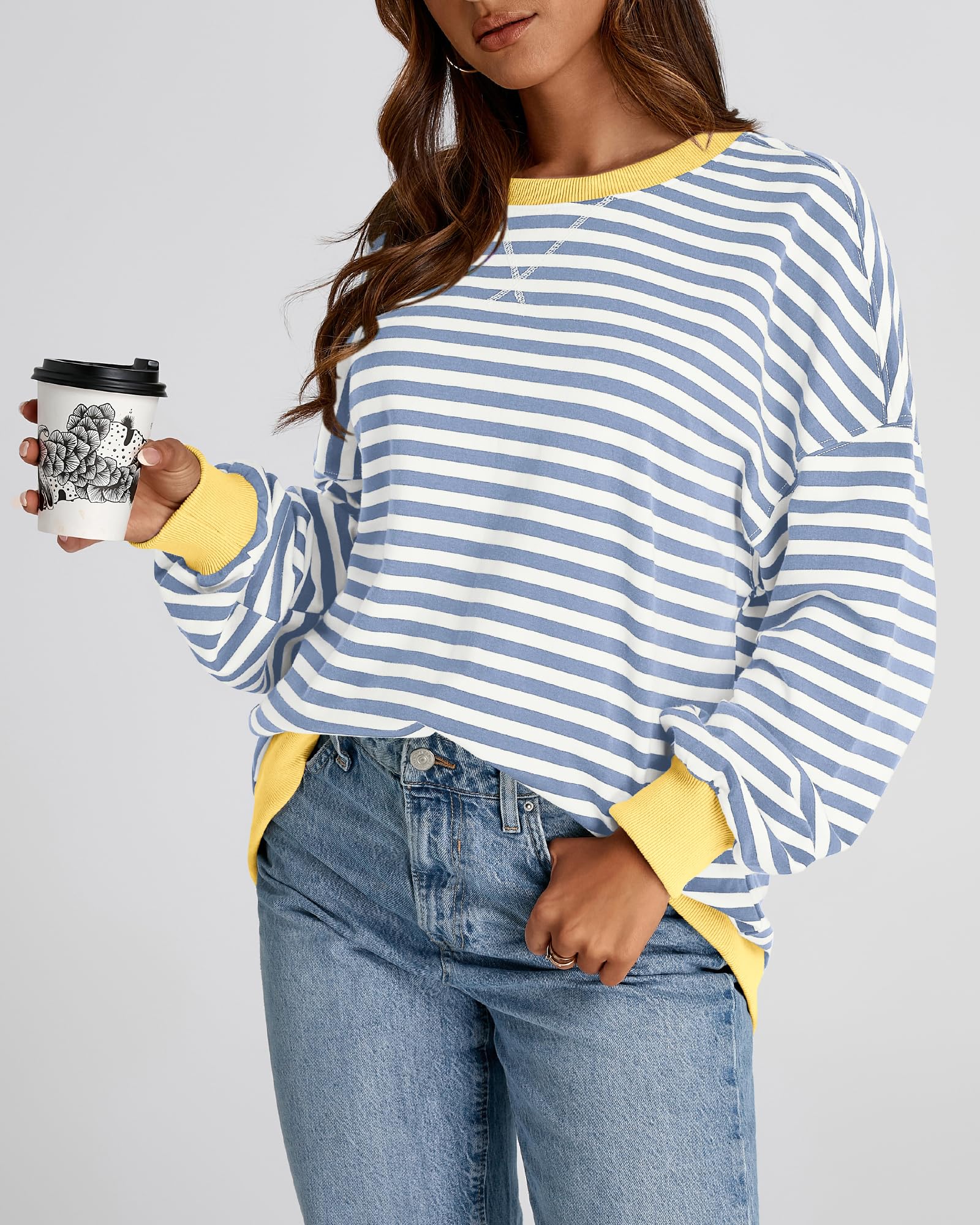 BTFBM Women's Striped Pullover Sweatshirt - Soft Long Sleeve Crewneck Y2K Loose Fit Fall Tops 2025 | Trendy Casual Outfits for Autumn, Streetwear & Cozy Loungewear