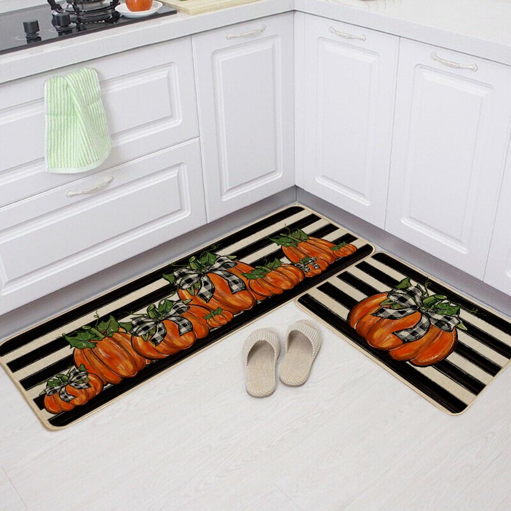 GEEORY Fall Kitchen Mats Set of 2 - Striped Pumpkin Bowknot Non-Slip Floor Mats for Farmhouse Decor, Thanksgiving & Holiday Season, 17x29 & 17x47 Inch (Striped) GK068 - Perfect for Entryway, Living Room & Seasonal Home Decor