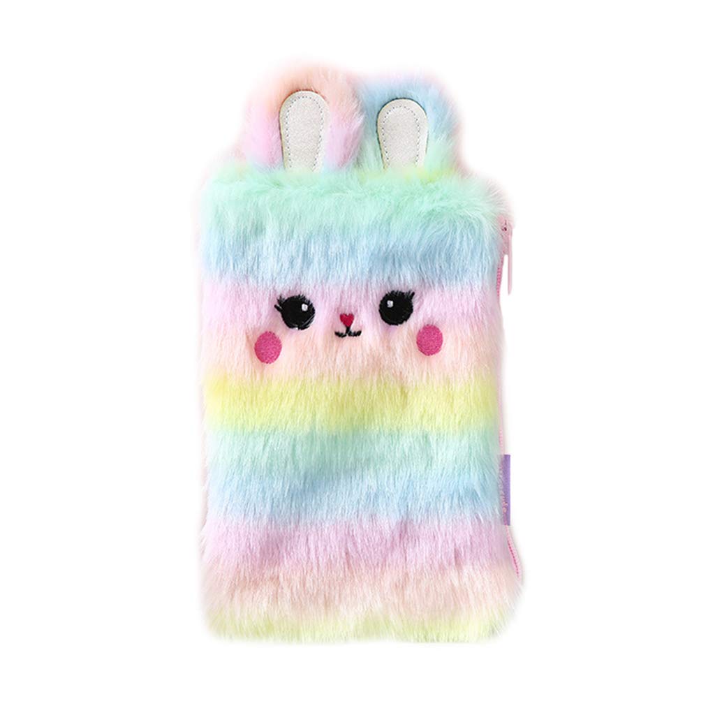 Cute Plush Rabbit Pencil Case - Kawaii Bunny Pen Holder, Makeup Bag & Coin Purse Organizer for School, Office & Travel (Rainbow Colors)