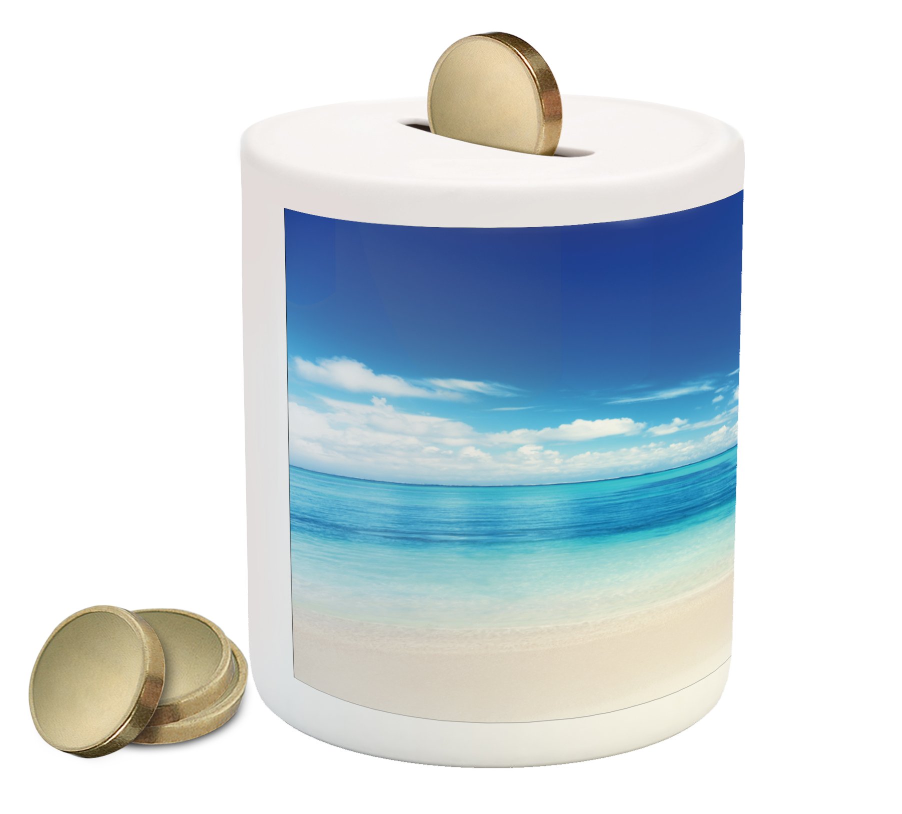 Lunarable Ocean Piggy Bank - Atlantic Caribbean Island Summer View with Blue Sea & Sky, Ceramic Coin Bank for Cash Savings (Blue, Aqua, White) | Perfect for Kids' Savings, Beach-Themed Decor & Gift Ideas