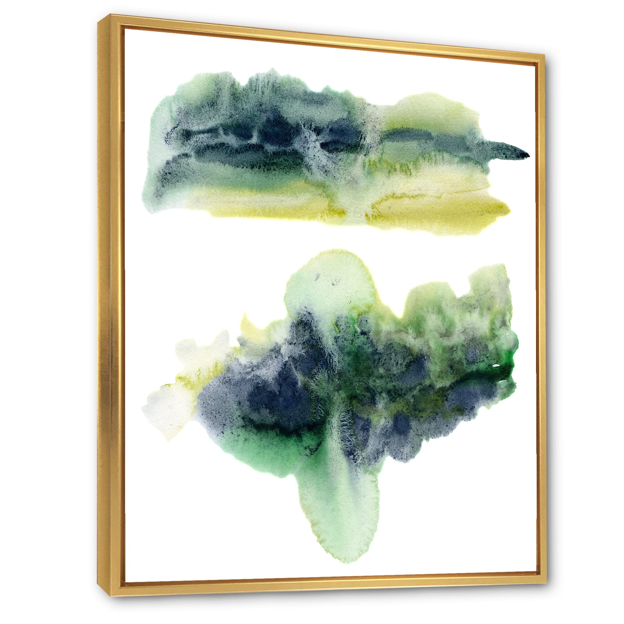 DesignQ Golden Green Abstract Clouds With Blue Points IV - Modern Framed Canvas Wall Art Print for Living Room, Bedroom & Office Decor | Contemporary Home Wall Decor