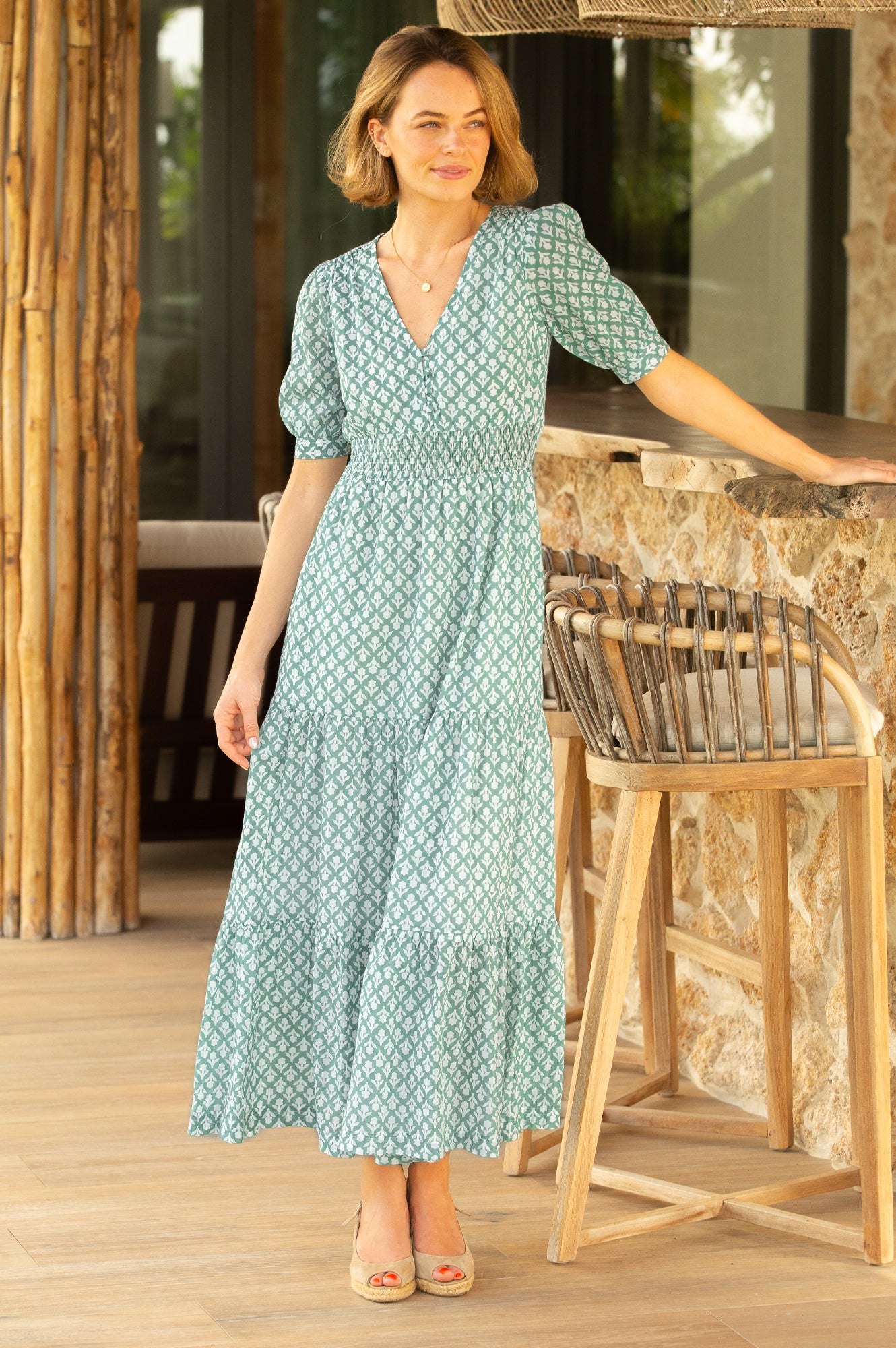 Billie Short Sleeve Organic Cotton Dress - Floral Print Sage/White | Casual Summer Outfit, Beach Coverup, Boho Style Dress for Women