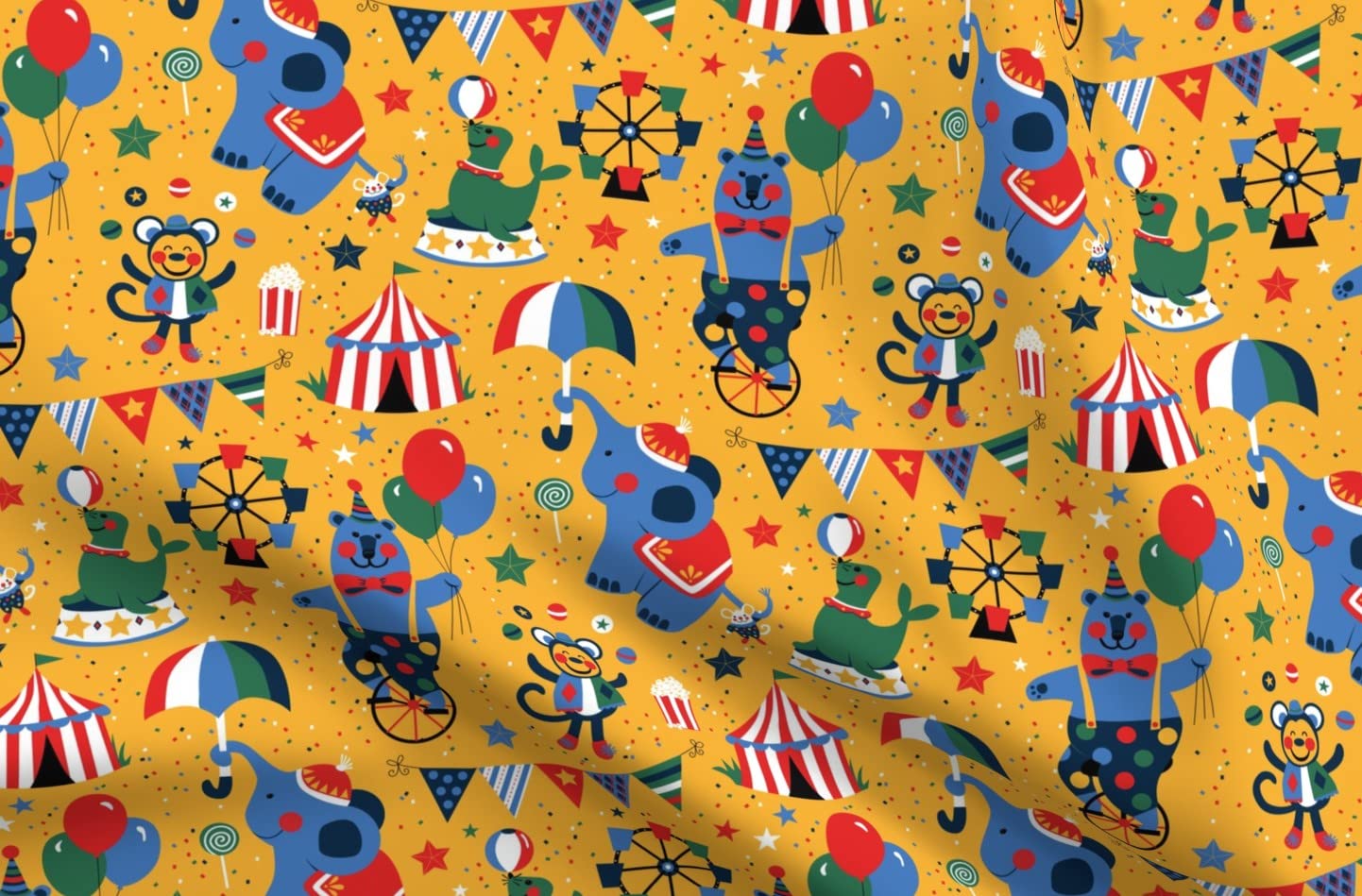 Premium Spoonflower Fabric - Circus Animals Bear Monkey Elephant Confetti Print on Petal Signature Cotton - Fat Quarter for Sewing, Quilting, Apparel & Home Decor | Perfect for DIY Crafts, Baby Clothes & Festival-Themed Projects