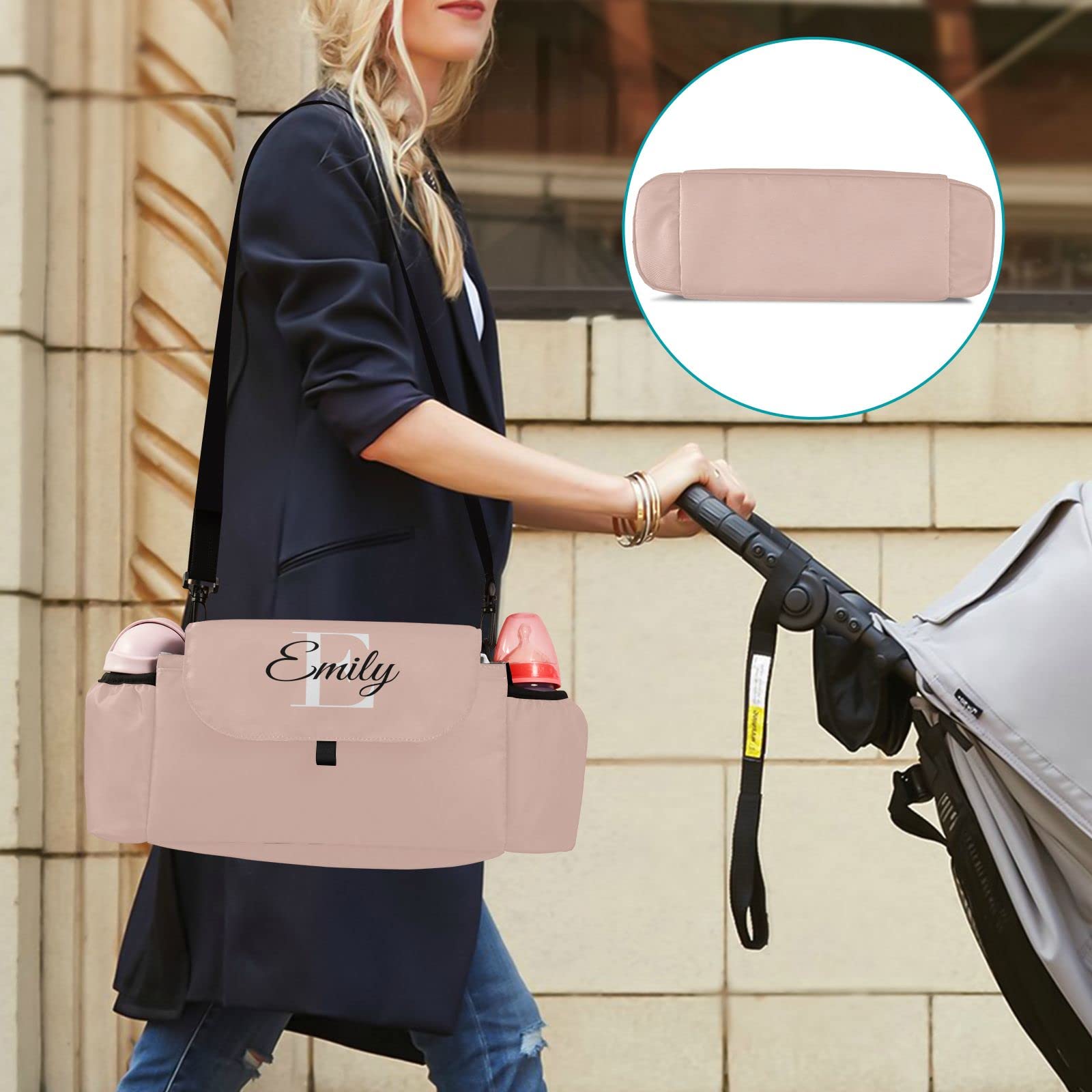 **Sinestour Custom Pink Universal Stroller Organizer with Cup Holder - Personalized Diaper & Toy Storage Bag for Phones, Keys - Fits All Baby Strollers - Perfect for Park Walks, Shopping & Travel**