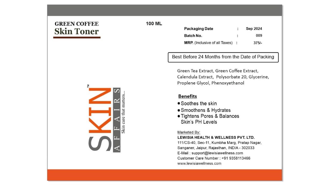 Skin Affairs Green Coffee Skin Toner - Brightening & Nourishing Facial Toner for Glowing Skin | Deep Pore Cleansing, Hydration & Skin Radiance | 100ml | Perfect for Daily Skincare Routine & Post-Workout Refreshment