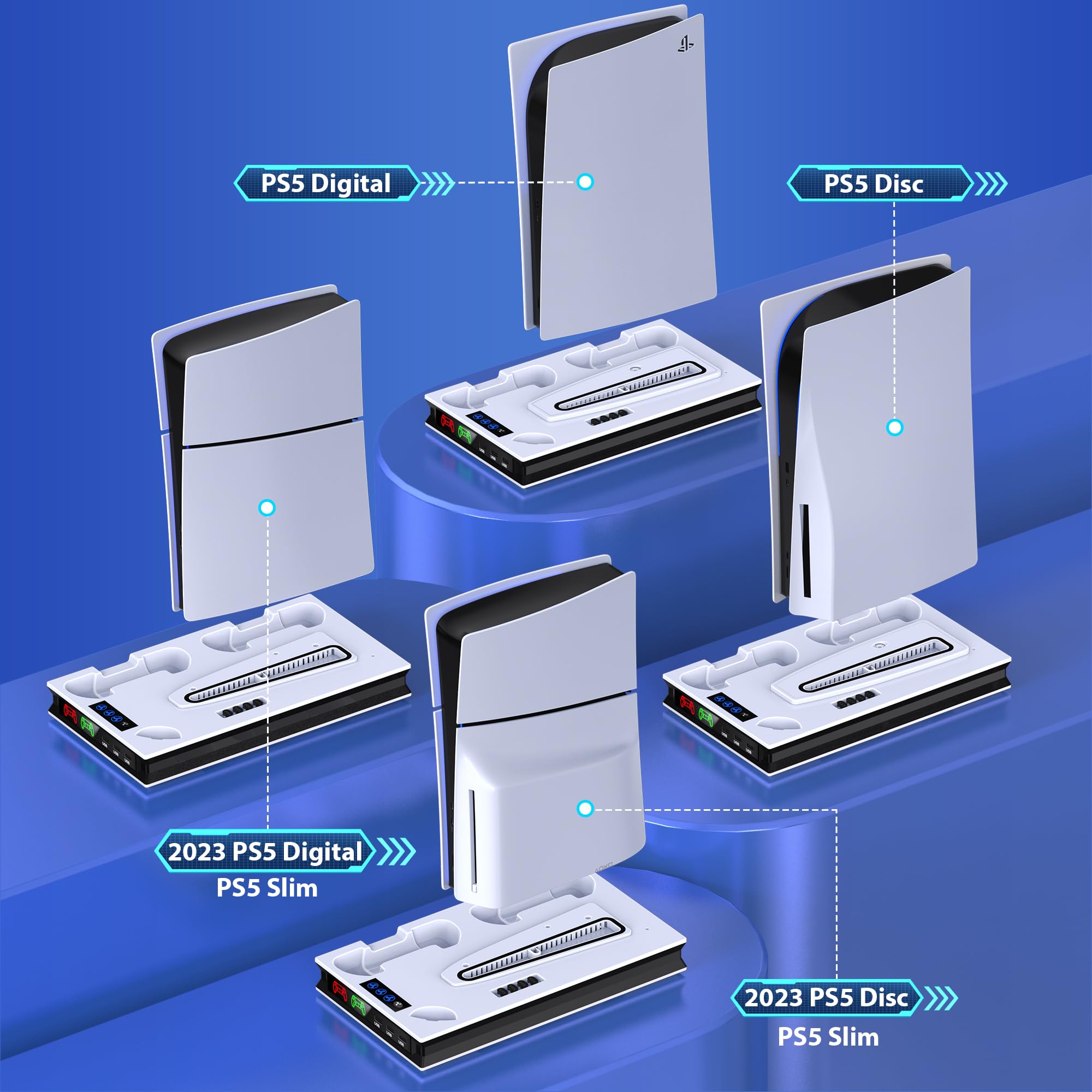 PS5 Slim Stand & Cooling Station with Dual Controller Charger - Vertical Stand for PlayStation 5 Slim Digital/Disc Edition - Includes Headset Holder, 3 USB Hub & Cable Management - Perfect for Gaming Setup & Console Protection