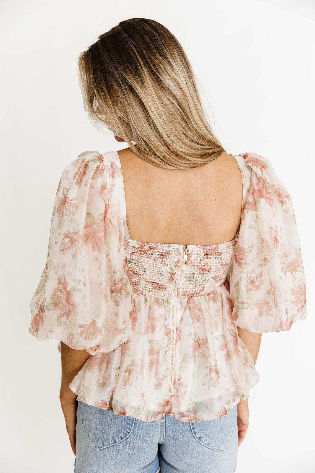 Saint Malo Floral Smocked Top for Women - Peach Blouse with Ruffled Sleeves & Elastic Waist - Perfect for Spring Outfits, Date Nights & Beach Vacations