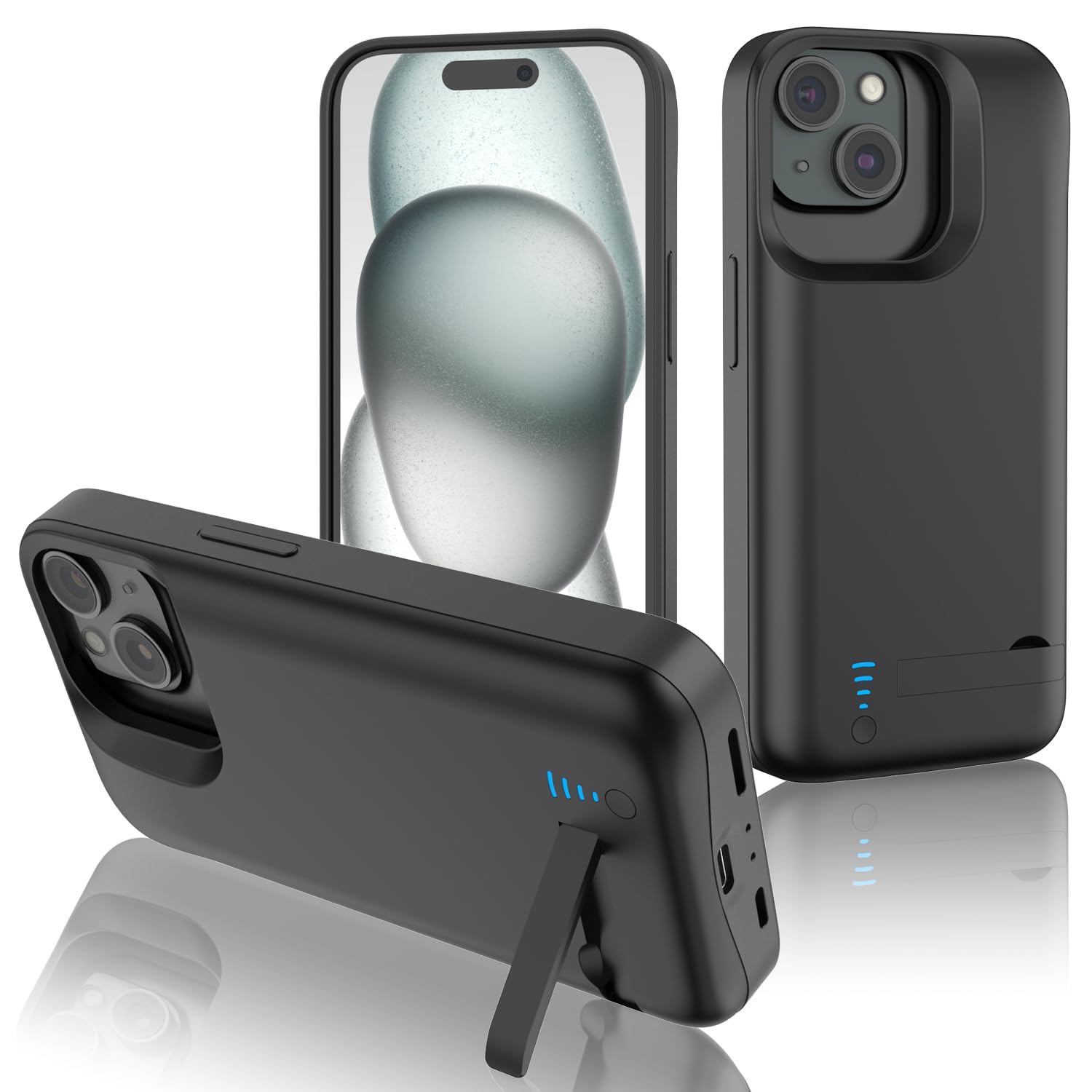 Gladgogo iPhone 15 Battery Case 6000mAh - Rechargeable External Charger Case with Stand for Apple iPhone 15 (6.1 Inch) - Perfect for Travel, Work & Long Battery Life