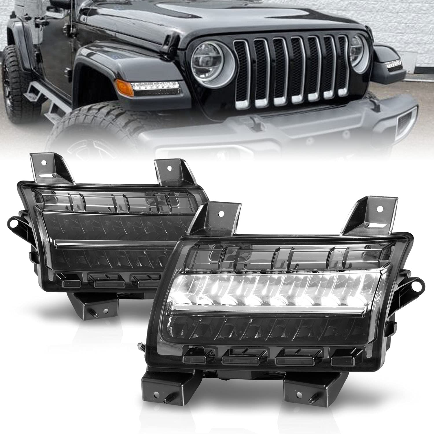 AmeriLite LED Bumper Lights for 2018-2020 Jeep Wrangler JL Sport & Sport S Models - Smoked Sequential Turn Signals with DRL - Upgrade Your Halogen Headlights for Off-Road & Night Driving