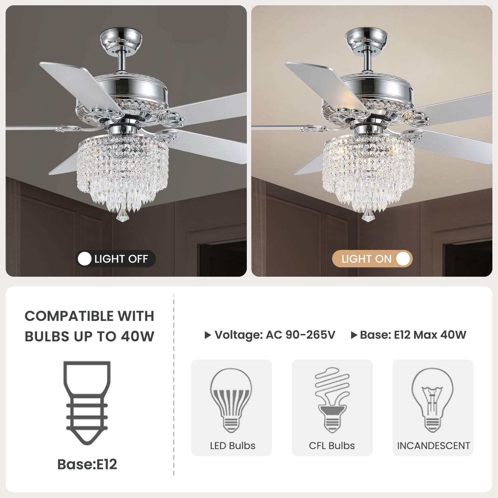 Moooni 52 Inch Modern Crystal Ceiling Fan with Lights and Remote Control - Elegant Chandelier Fan Light Kit (Fandelier) with 5 Wooden Blades - Perfect for Bedroom, Living Room, Dining Room - Silver Finish - Energy Efficient & Quiet Operation