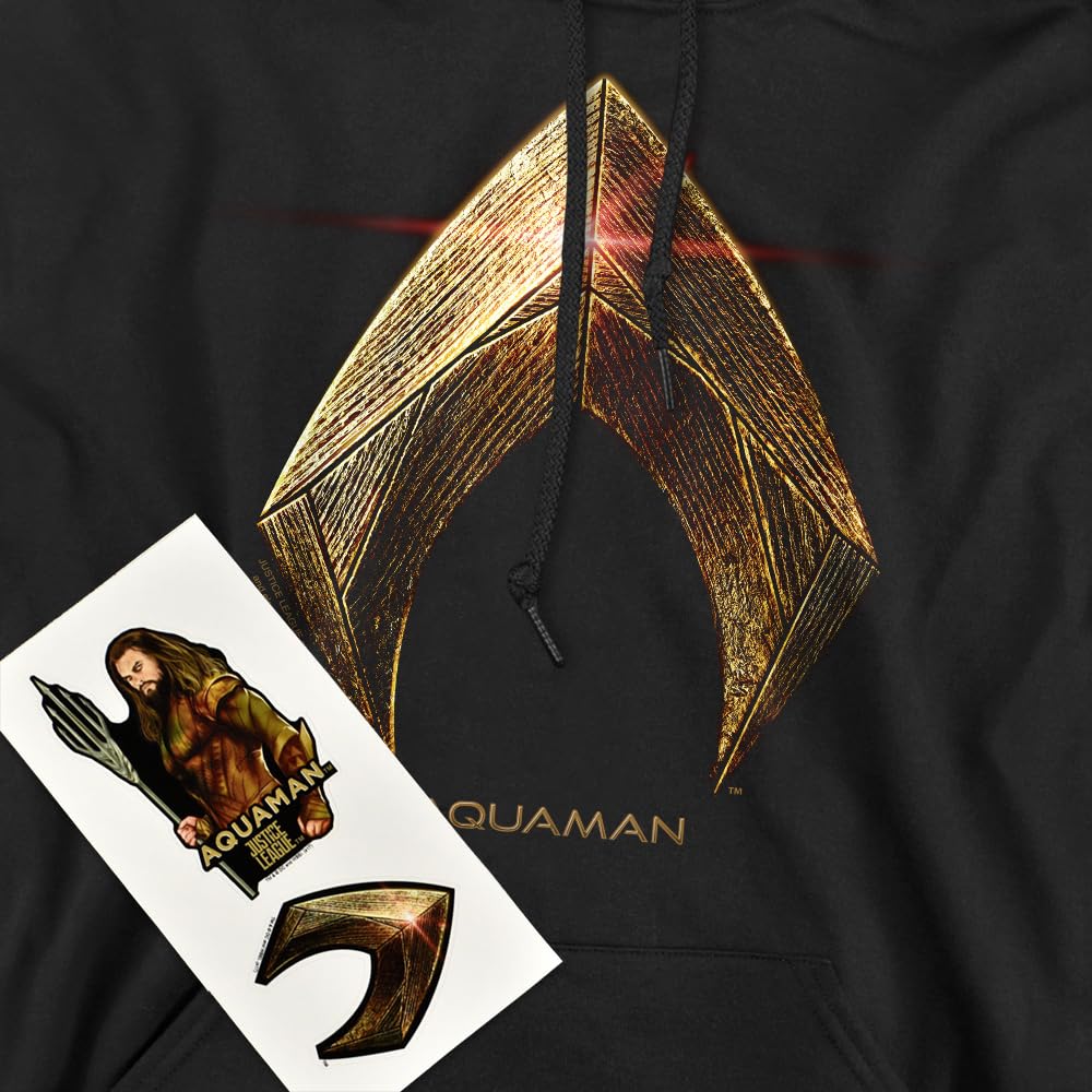 Justice League Aquaman Logo Pullover Hoodie Sweatshirt with Free Stickers - DC Comics Superhero Merchandise for Fans & Cosplay