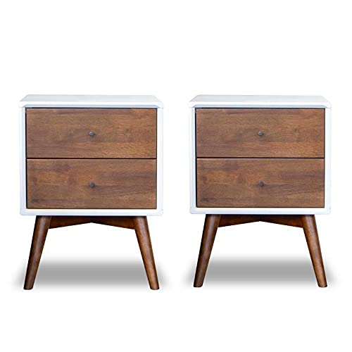 Modern Walnut & White Nightstand Set of 2 - Home Square Bedroom Furniture for Small Spaces | Stylish Storage Solution with Drawers for Bedside Organization