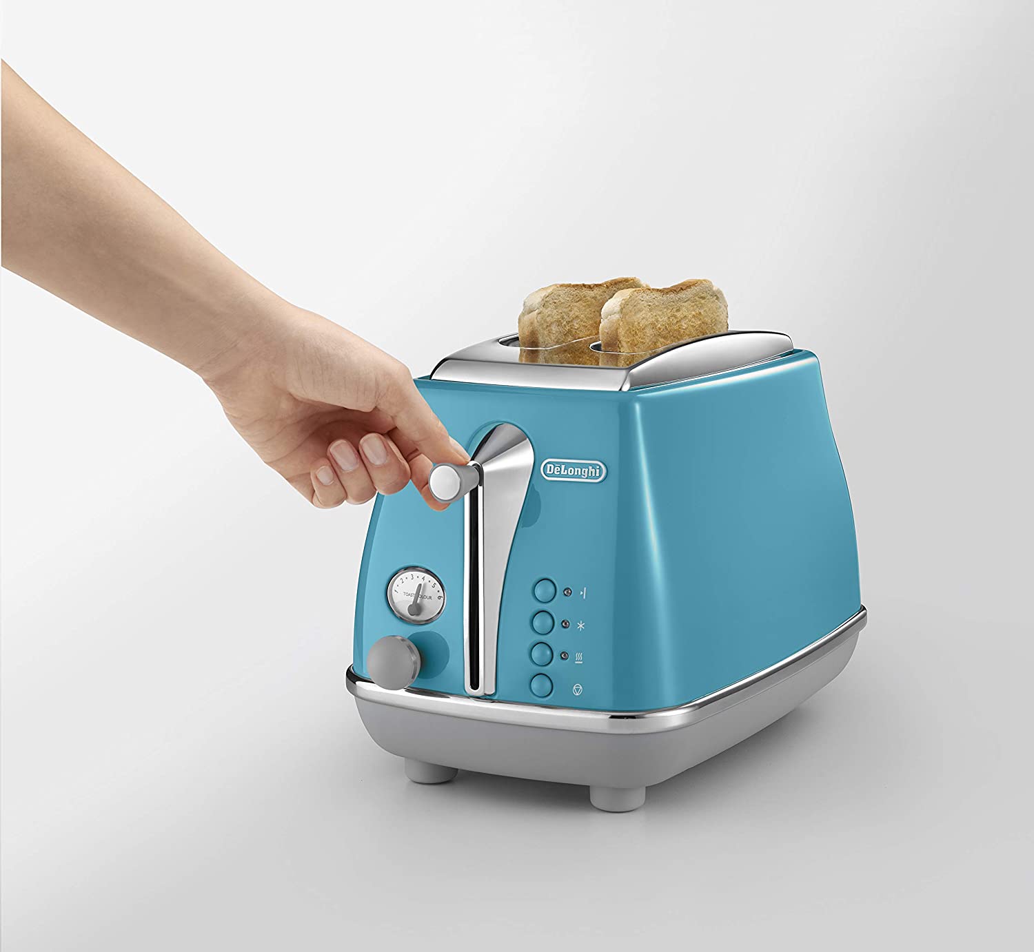 DeLonghi Icona Capitals 2-Slice Toaster - Lisbon Azure (CTOC2003AZ) | Retro Design, Extra-Wide Slots, Reheat & Defrost Functions - Perfect for Breakfast, Brunch & Small Kitchens