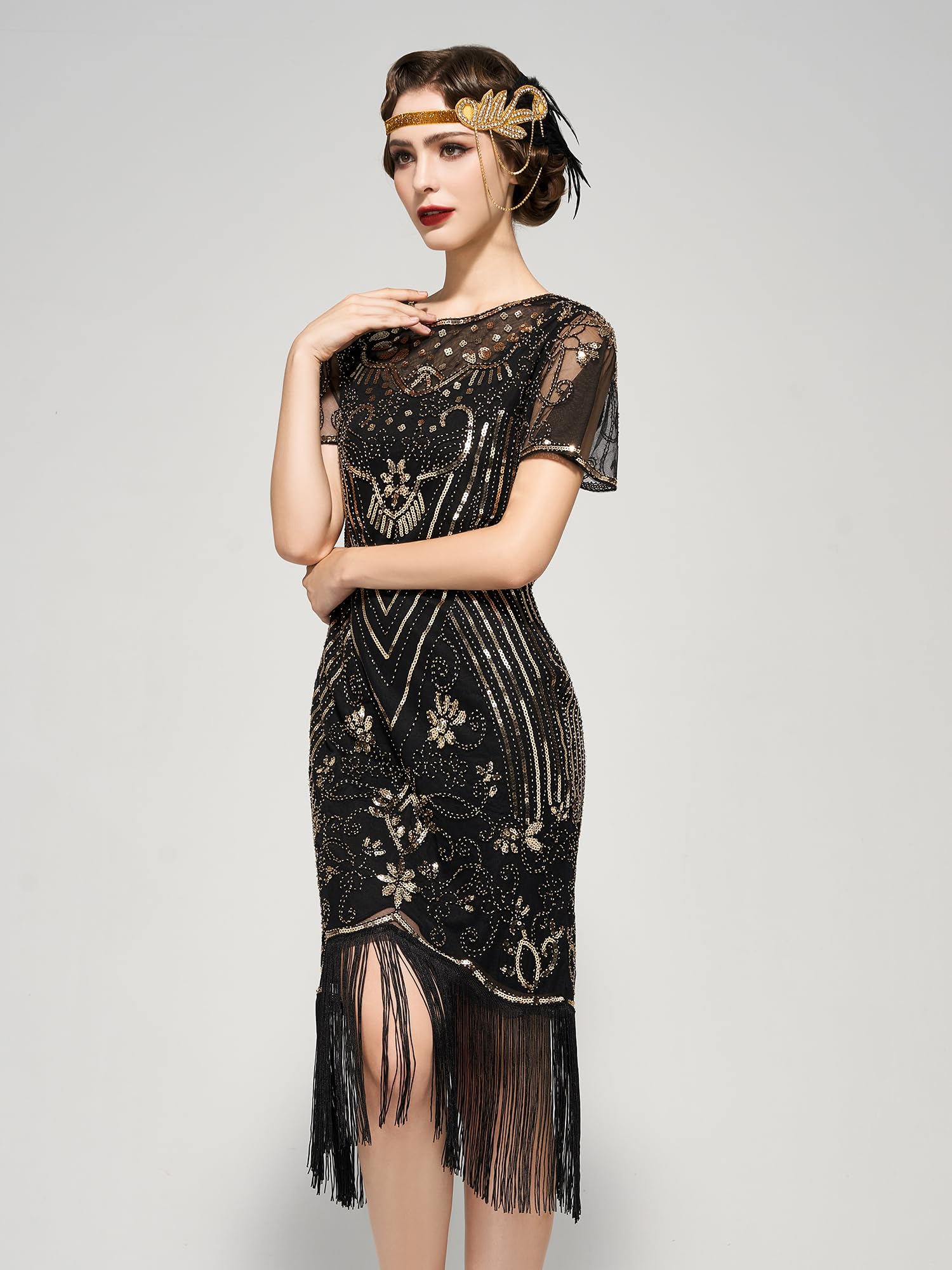 Vintage 1920s Flapper Dresses for Women - Roaring 20s Great Gatsby Style Sleeve Dress with Crew Neck | Perfect for Harlem Nights, Gatsby Parties & 1920s Themed Events