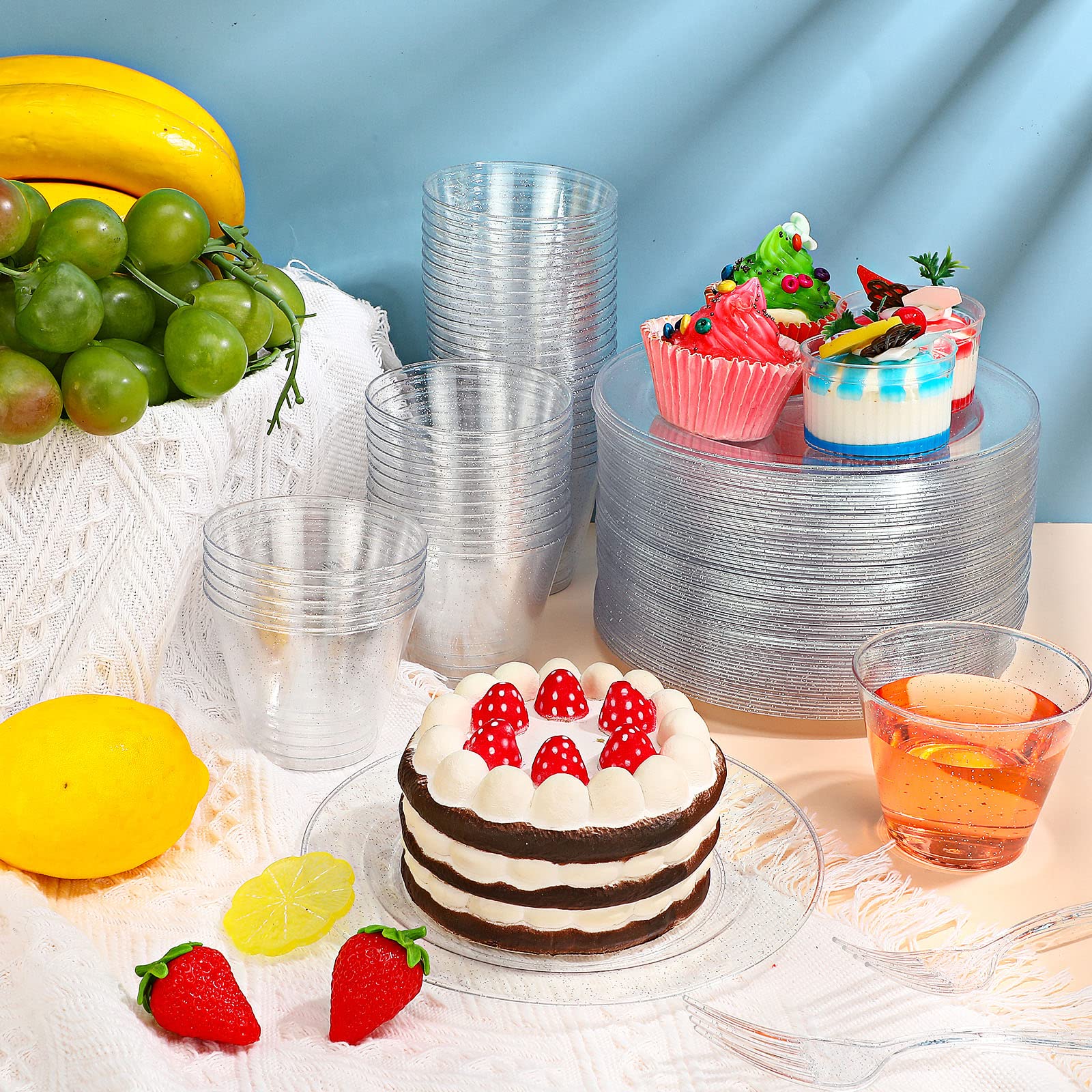 300-Piece Silver Glitter Plastic Disposable Dinnerware Set - 100 Plates (7.5