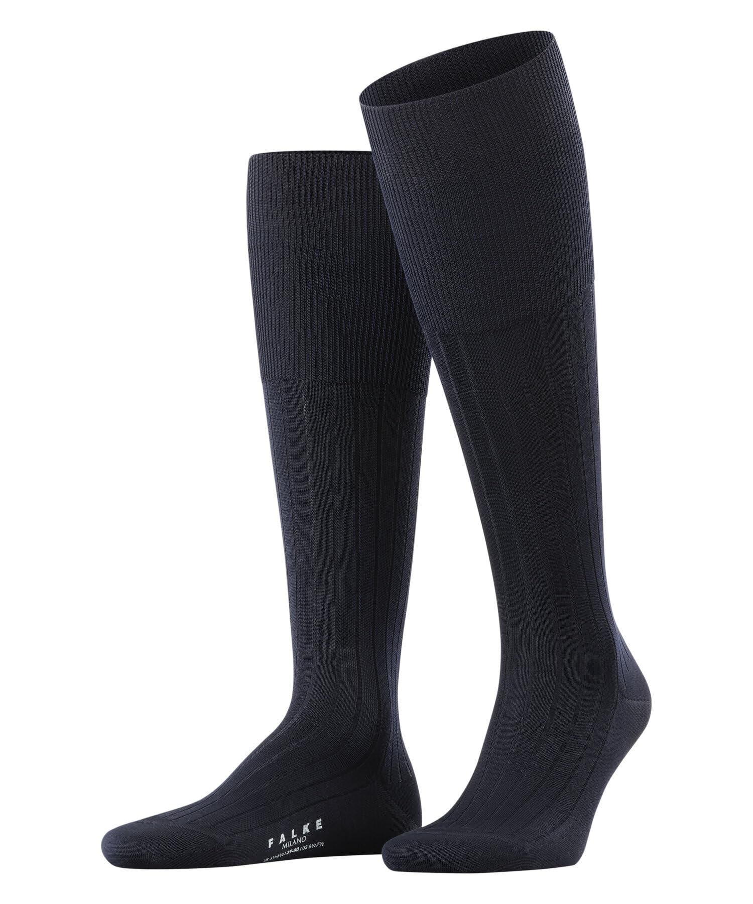 FALKE Men's Milano Knee-High Socks - Breathable Cotton Crew Socks with Striped Pattern - Dark Navy Blue 6370 (Size 6.5-7.5) - Perfect for Work, Office & Formal Wear - 1 Pair