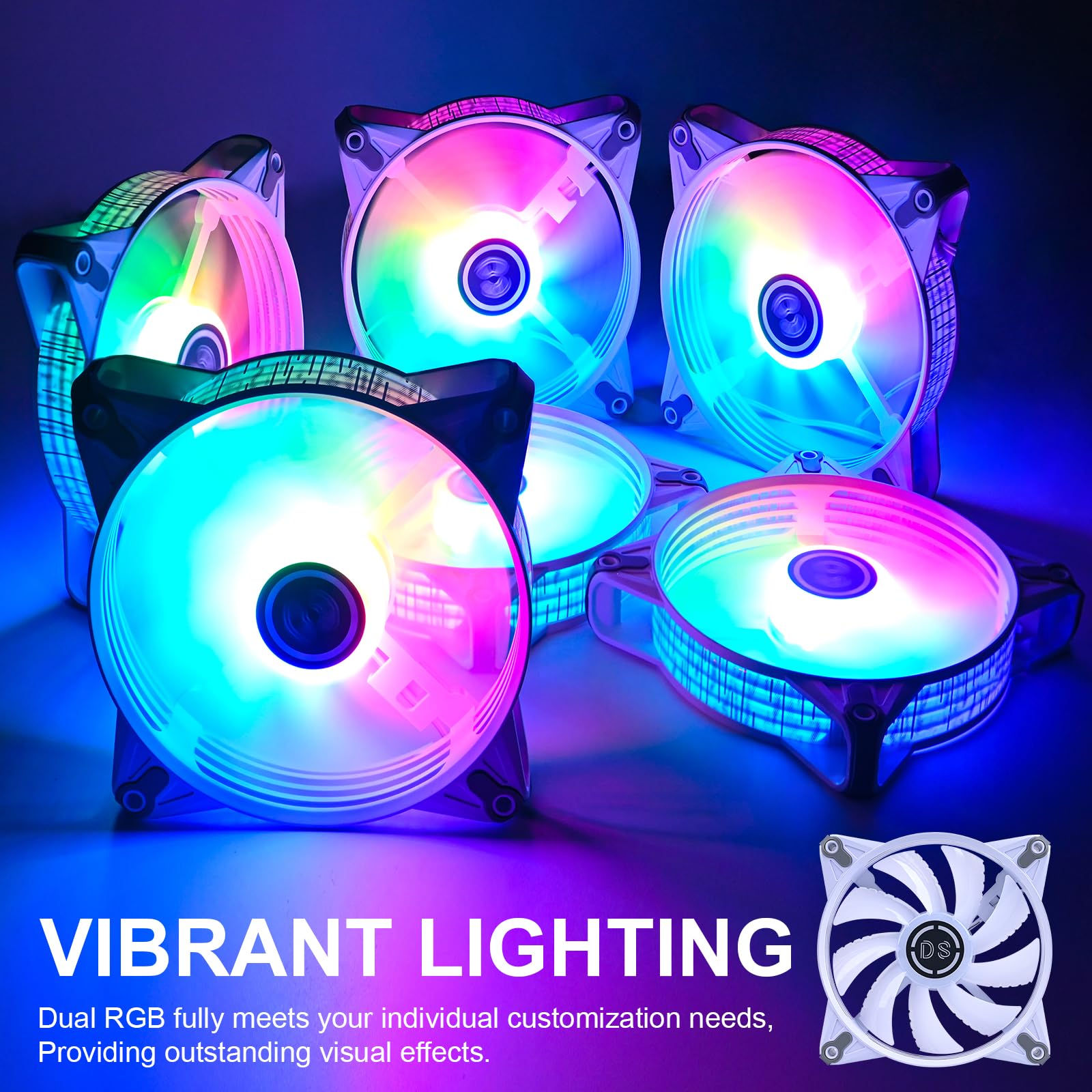 DS Static RGB LED 120MM White PC Case Fan - 6 Pack DK Series with Vibrant Lighting for Computer Cases, CPU Coolers & Radiators - Perfect for Gaming Rigs, Custom Builds & PC Cooling Systems