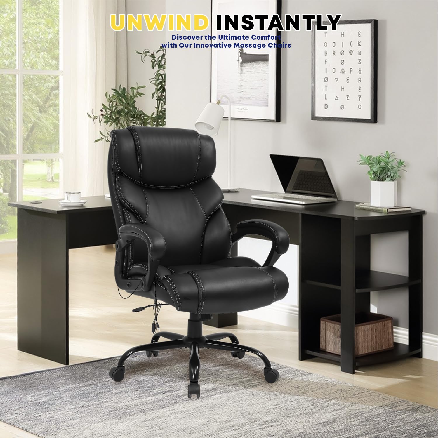 Big and Tall Office Chair for Heavy People 400lbs - Wide Seat Ergonomic Computer Chair with Lumbar Support & Adjustable Arms - High Back PU Leather Executive Task Chair for Home & Office Workspace - Black