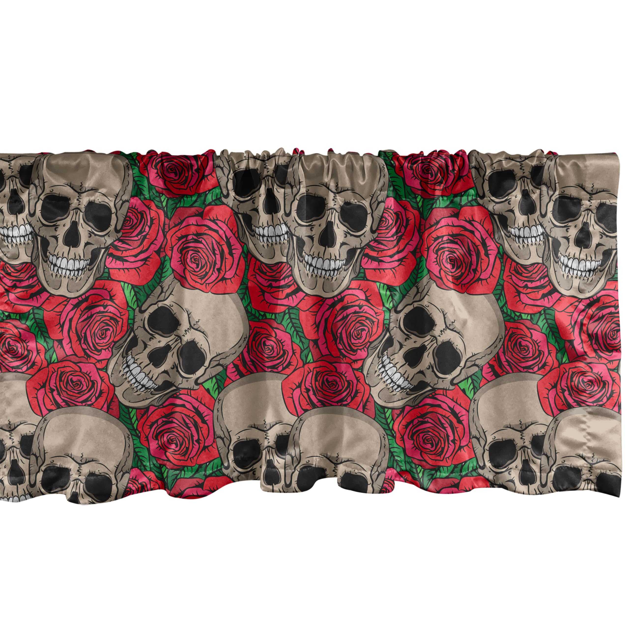 Ambesonne Gothic Rose Window Valance - Skull & Red Rose Blossom Halloween Decor with Rod Pocket, 54x12 Inches, Vermilion Green - Perfect for Kitchen, Bedroom & Gothic Home Decor