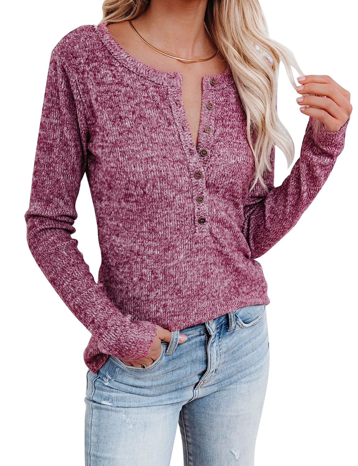 Women's Cozy Button Down Knit Sweater - Warm Winter Pullover Long Sleeve Henley Top for Casual Outfits & Holiday Gatherings